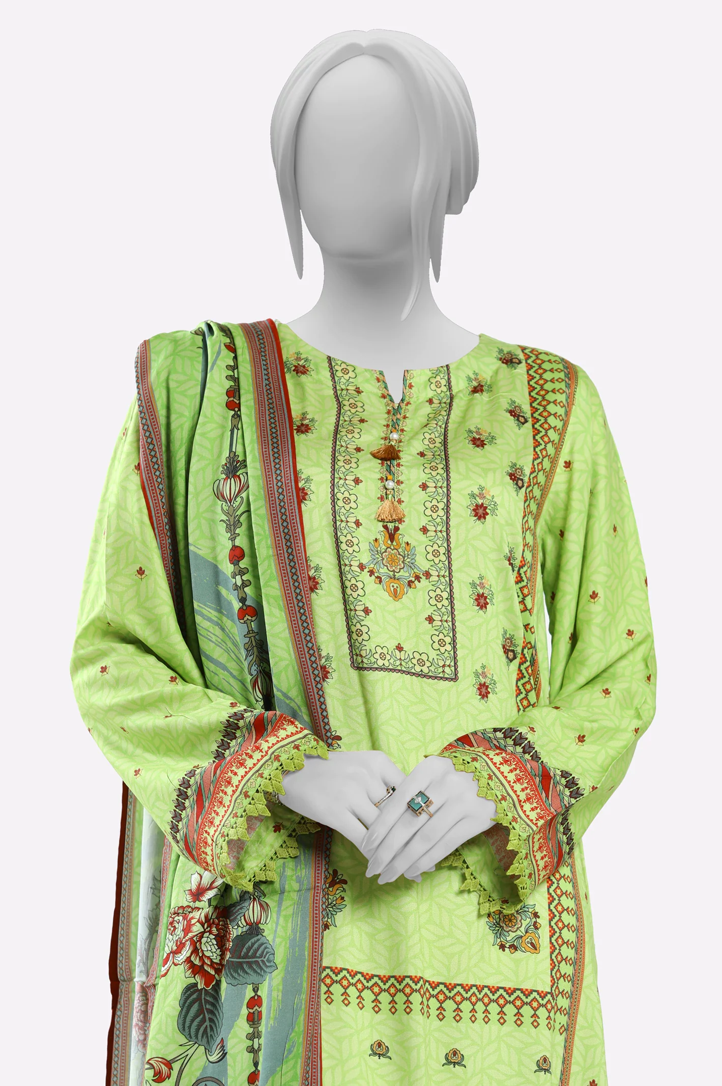 Green Printed Kurti With Dupatta - Image 2