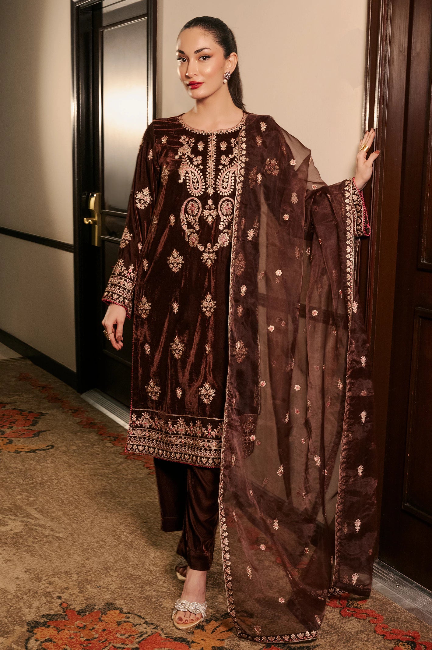 Brown Embroidered 2PC