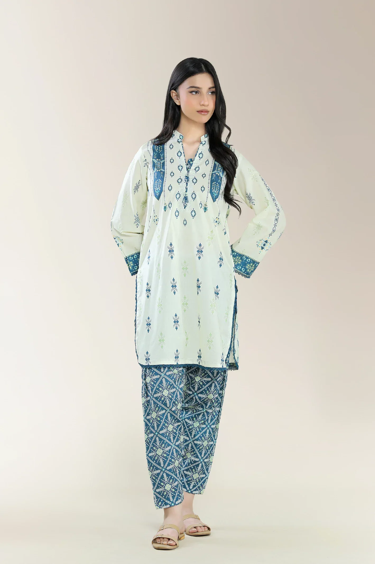Printed Cambric-Beige 2PC