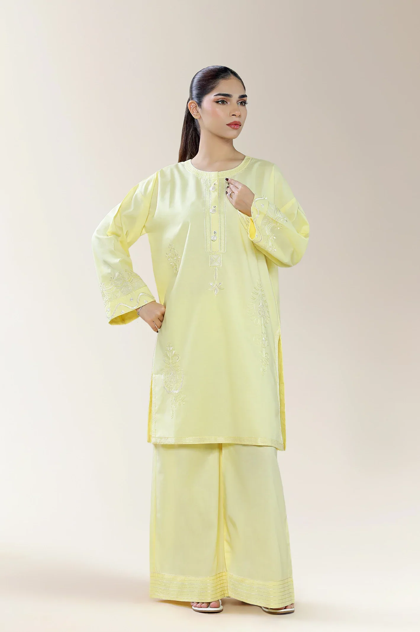 Embroidered Cambric Yellow 2PC