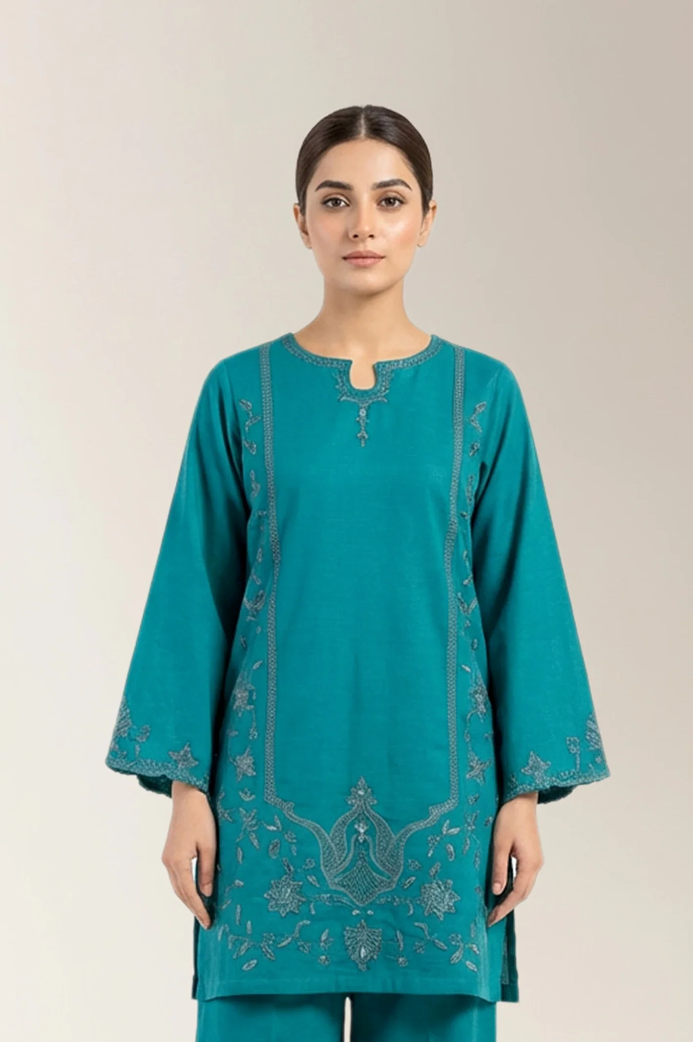 Embroidered Khaddar-Teal Green 2PC - Image 2