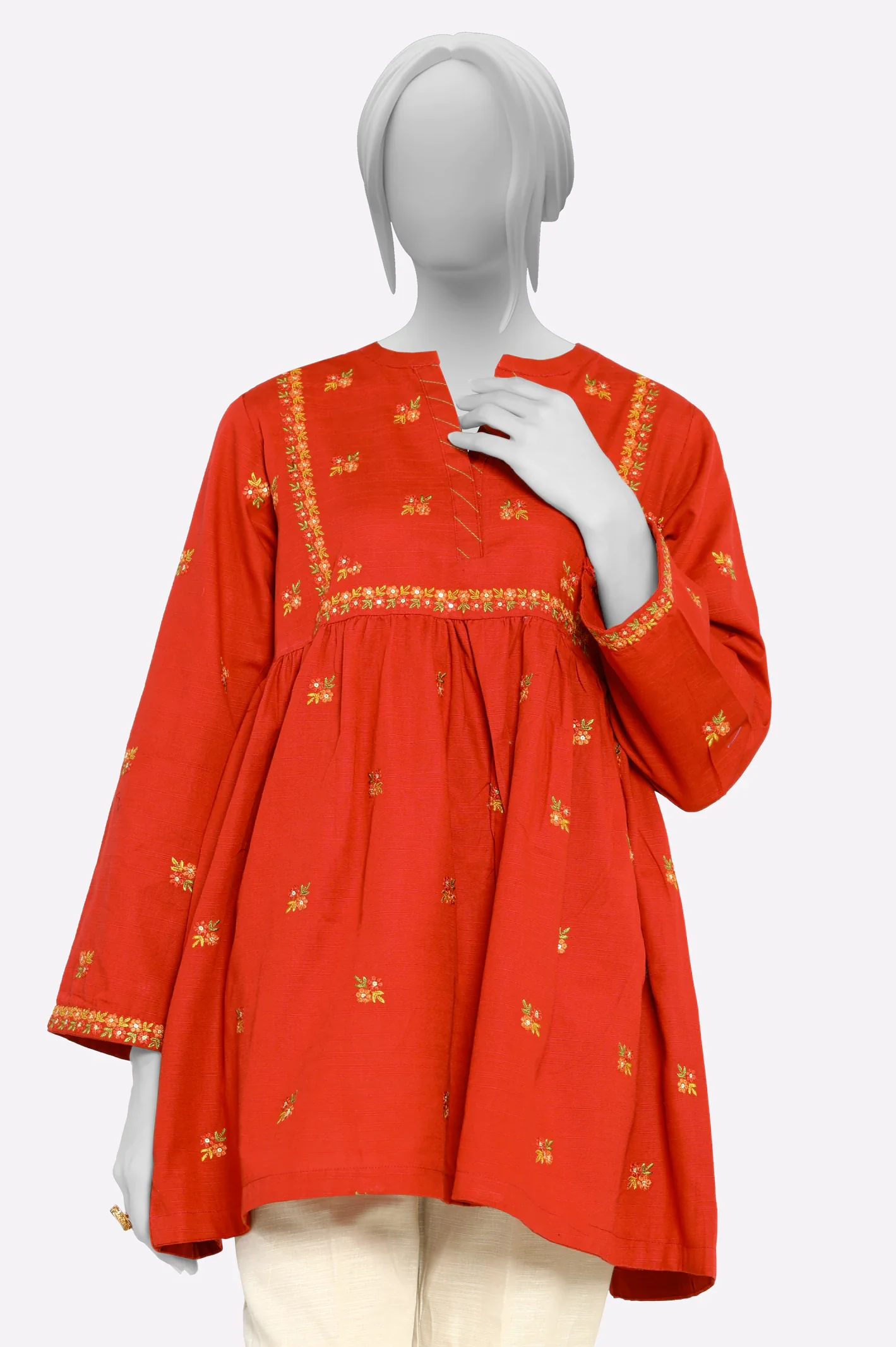 Red Embroidered Fusion Kurti - Image 2