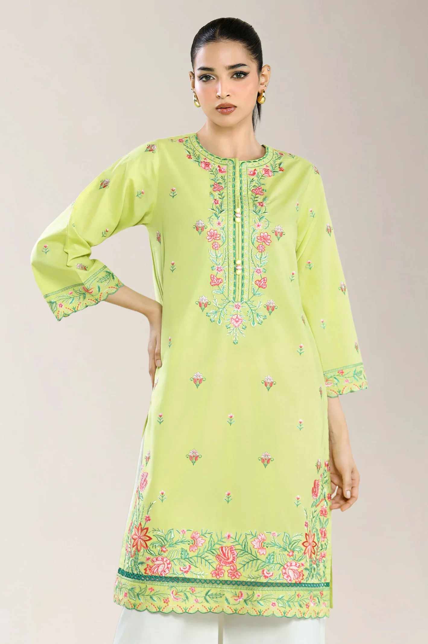 Dyed Embroidered Cambric-Parrot Green Shirt