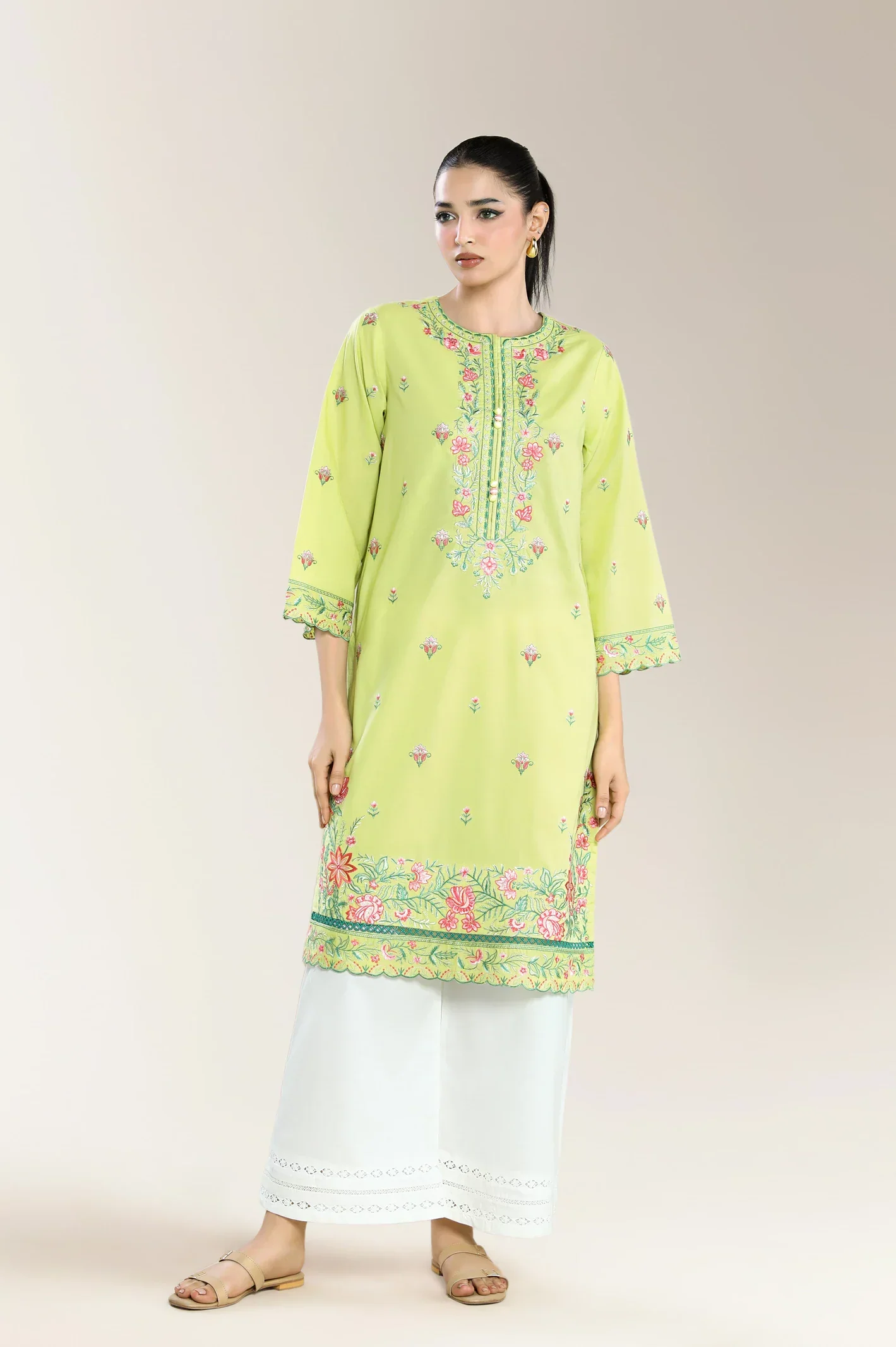 Dyed Embroidered Cambric-Parrot Green Shirt - Image 2