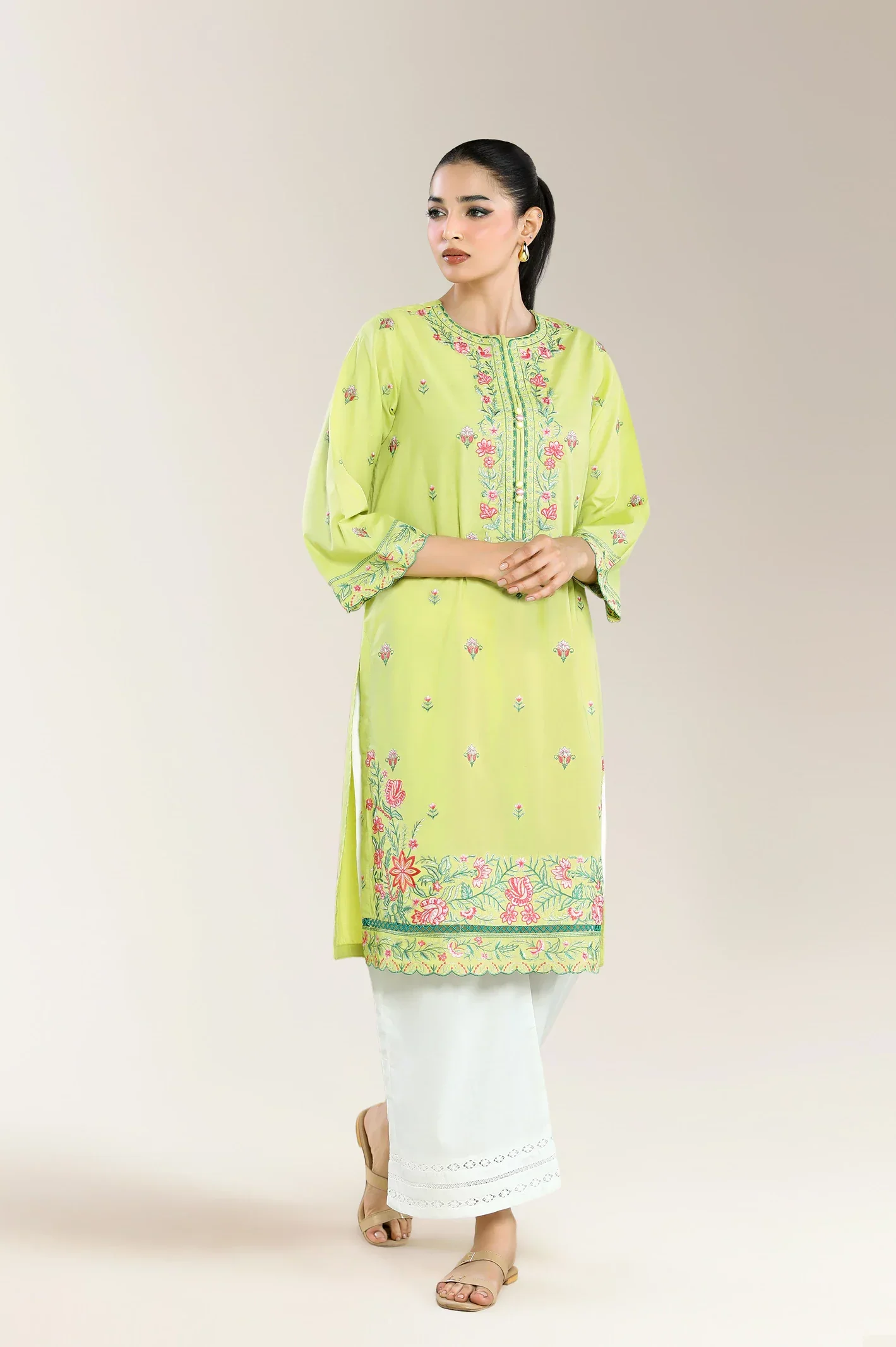 Dyed Embroidered Cambric-Parrot Green Shirt - Image 4