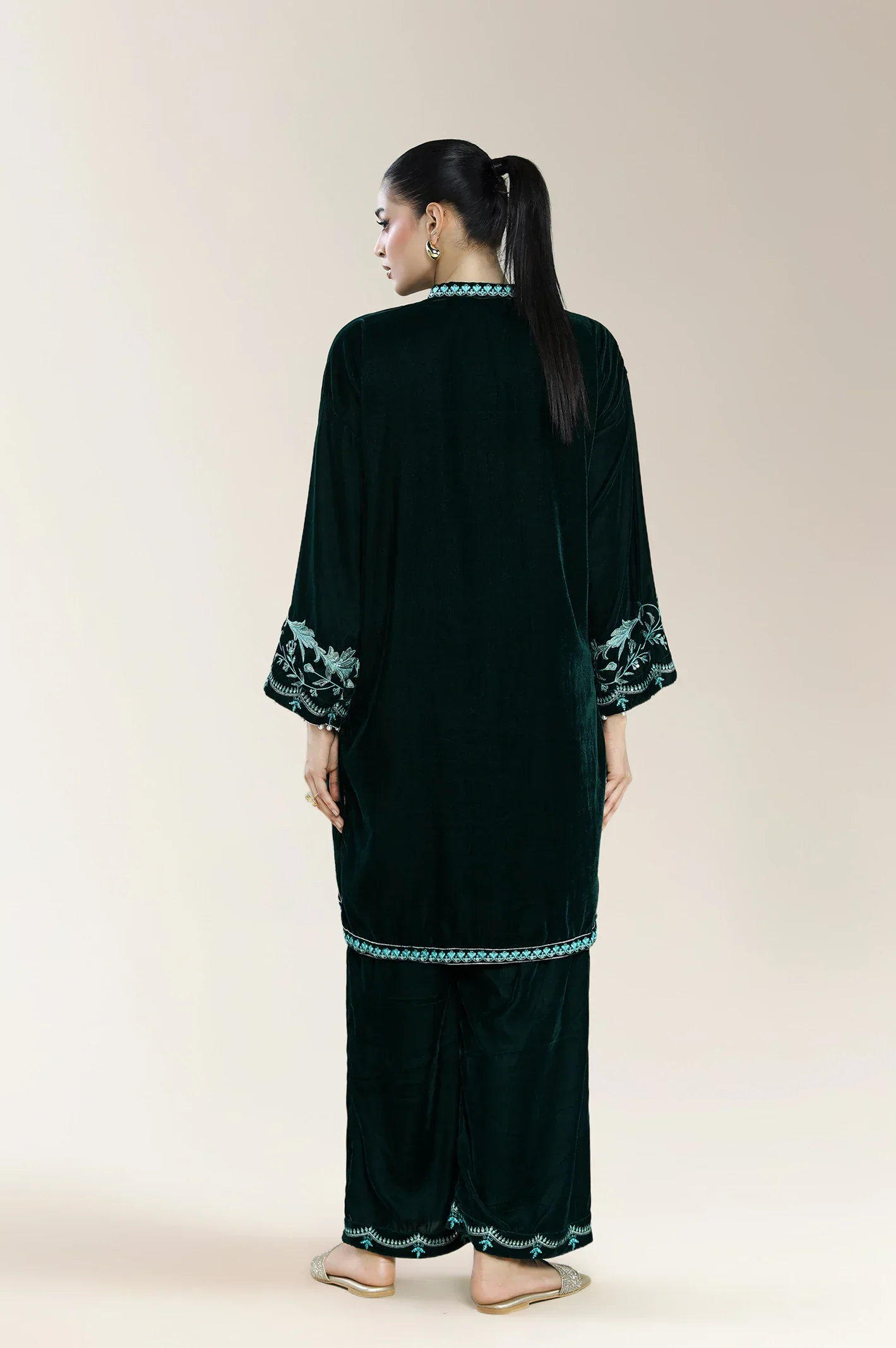 Dyed Embroidered Velvet-Bottle Green 2PC - Image 2