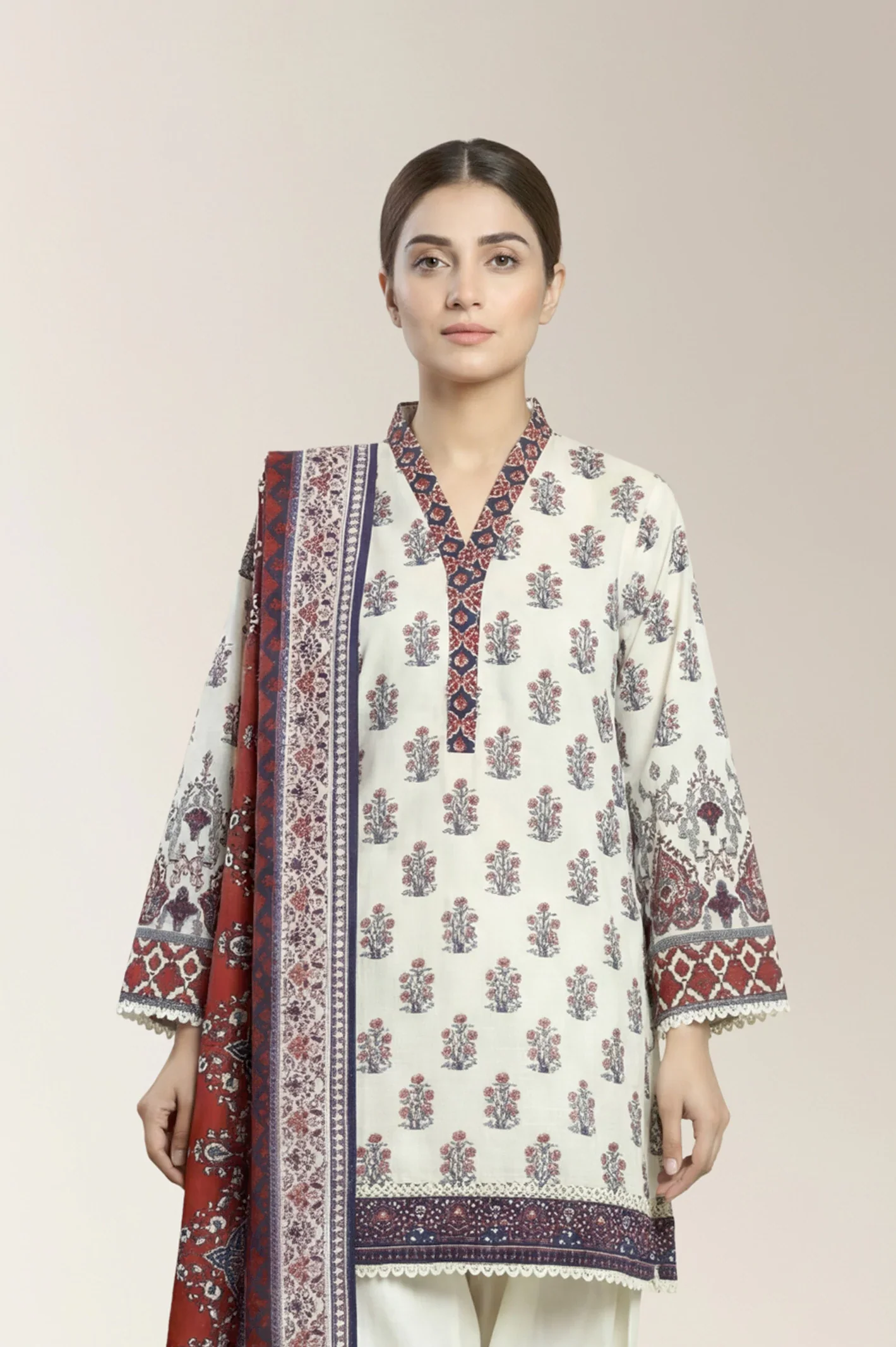 Printed Khaddar-Beige 3PC - Image 2
