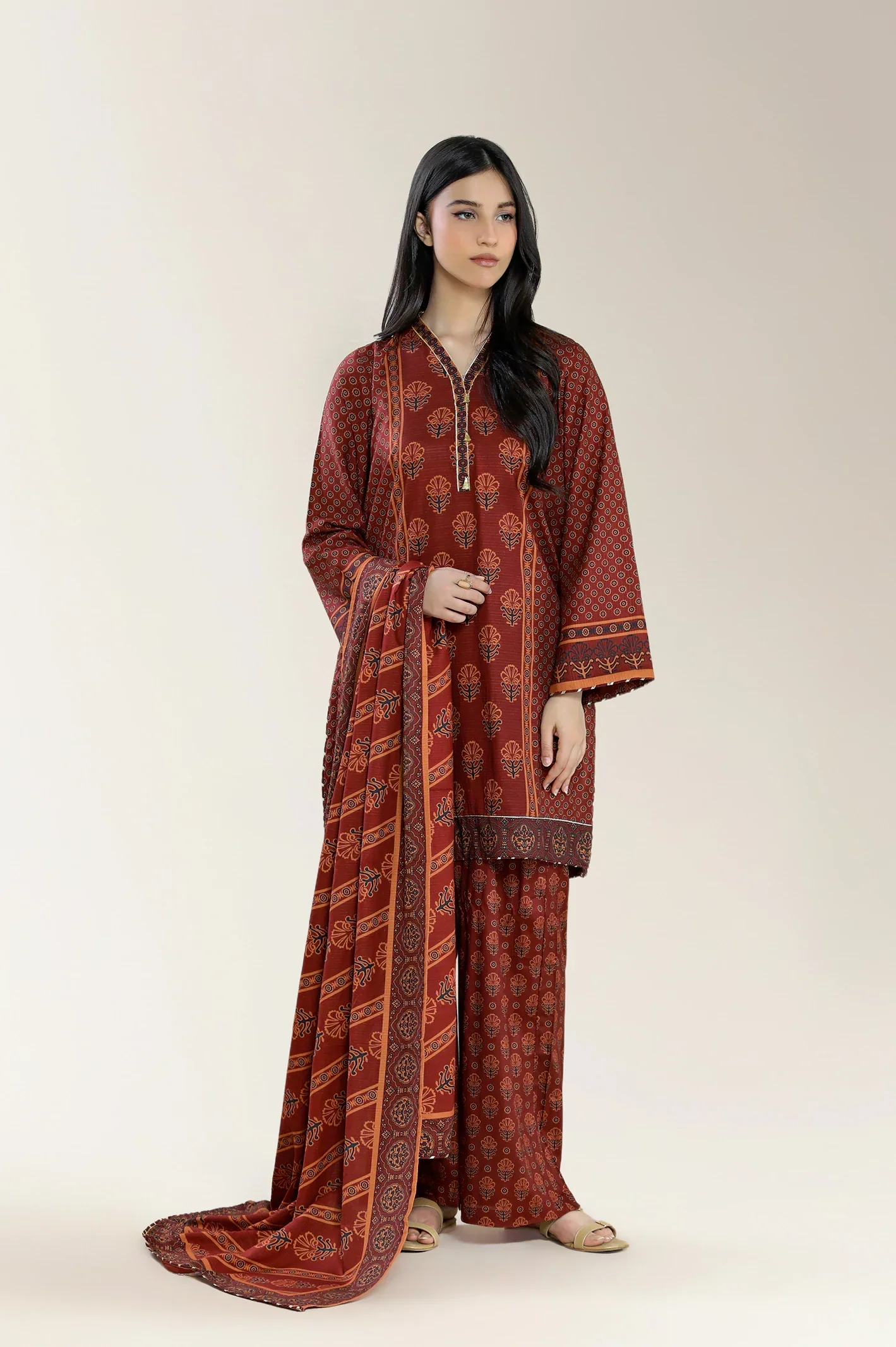 Basic Printed Staple Viscose-Maroon 3PC