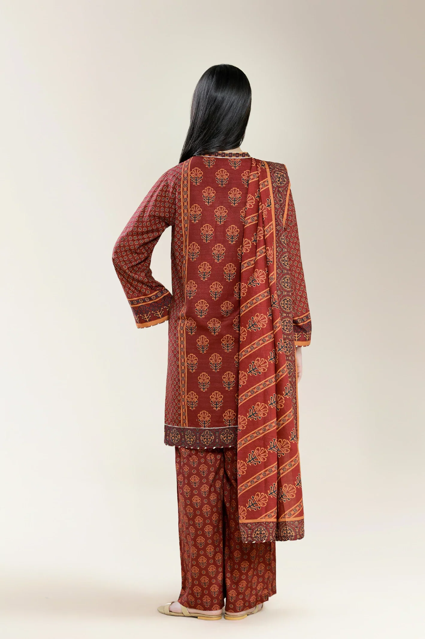 Basic Printed Staple Viscose-Maroon 3PC - Image 2