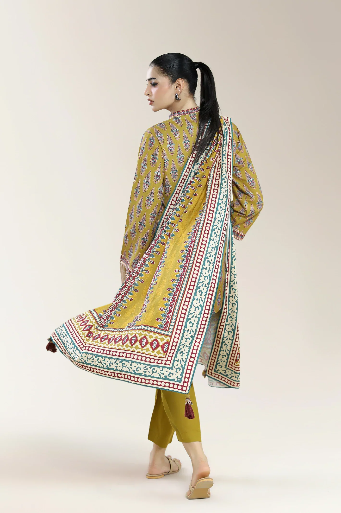 Printed Staple Viscose-Mustard 3PC - Image 2