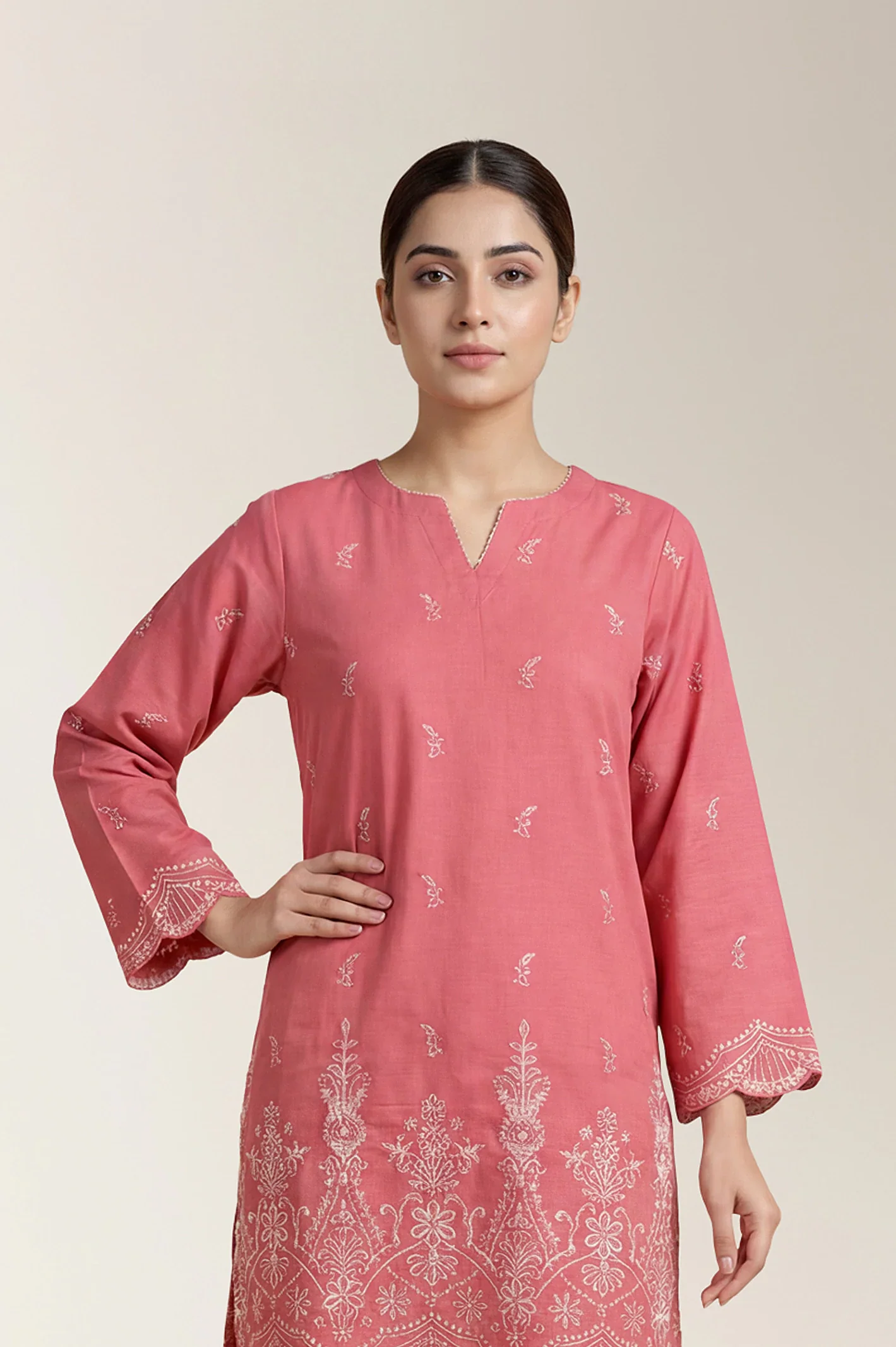 Embroidered Khaddar-Coral 2PC - Image 2