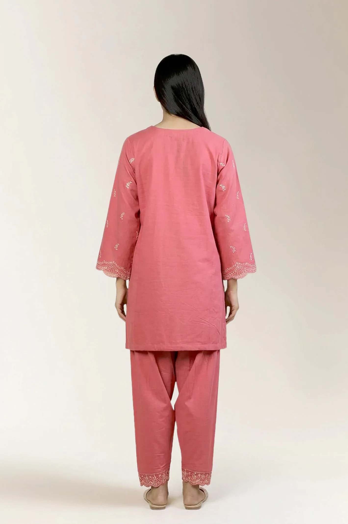 Embroidered Khaddar-Coral 2PC - Image 3