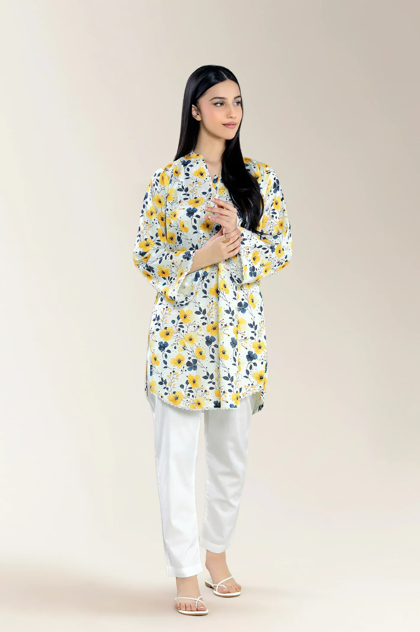 Print With Embroidery Schiffli Yellow Shirt