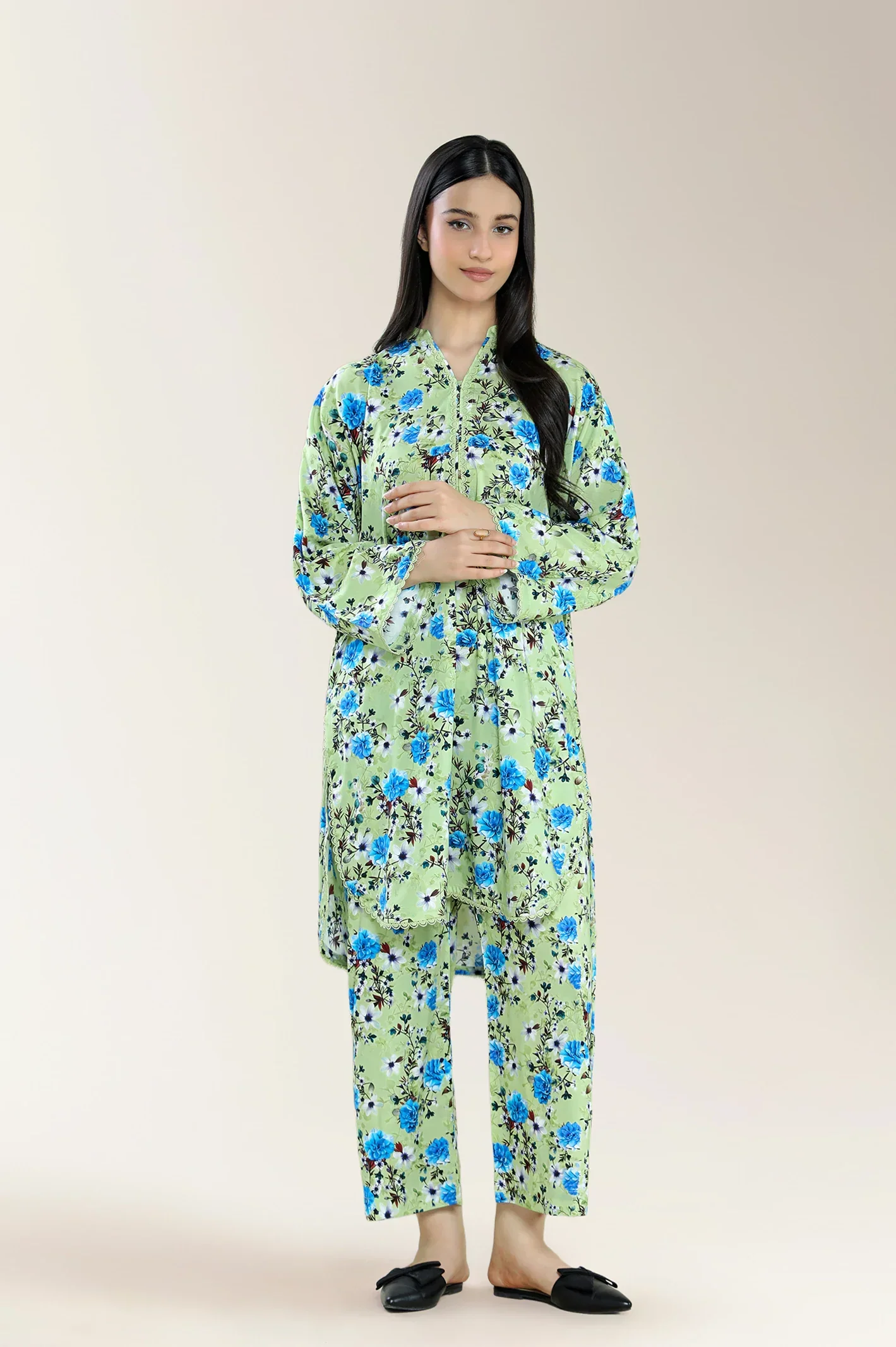 Basic Printed Viscose Linen-Mint 2PC