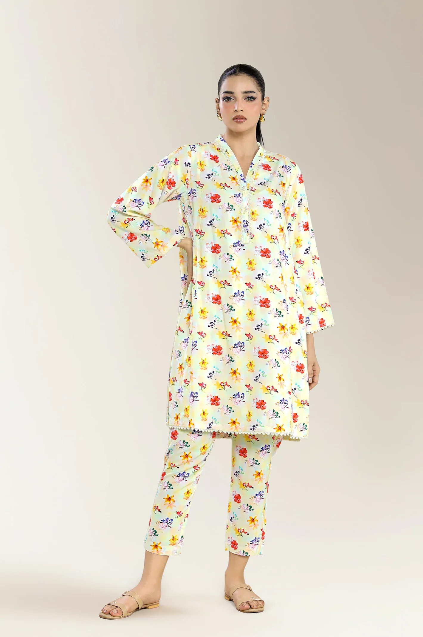 Basic Printed Viscose Linen-Light Beige 2PC