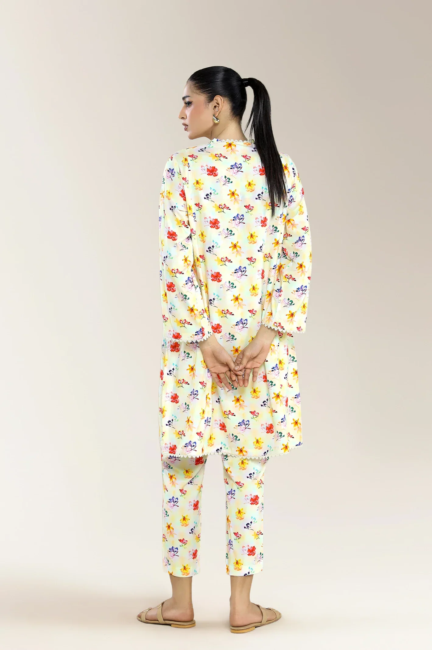 Basic Printed Viscose Linen-Light Beige 2PC - Image 2