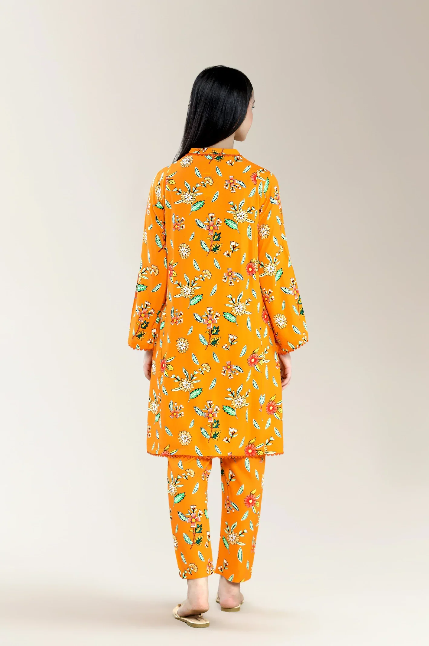 Basic Printed Viscose Linen Orange 2Pc - Image 2