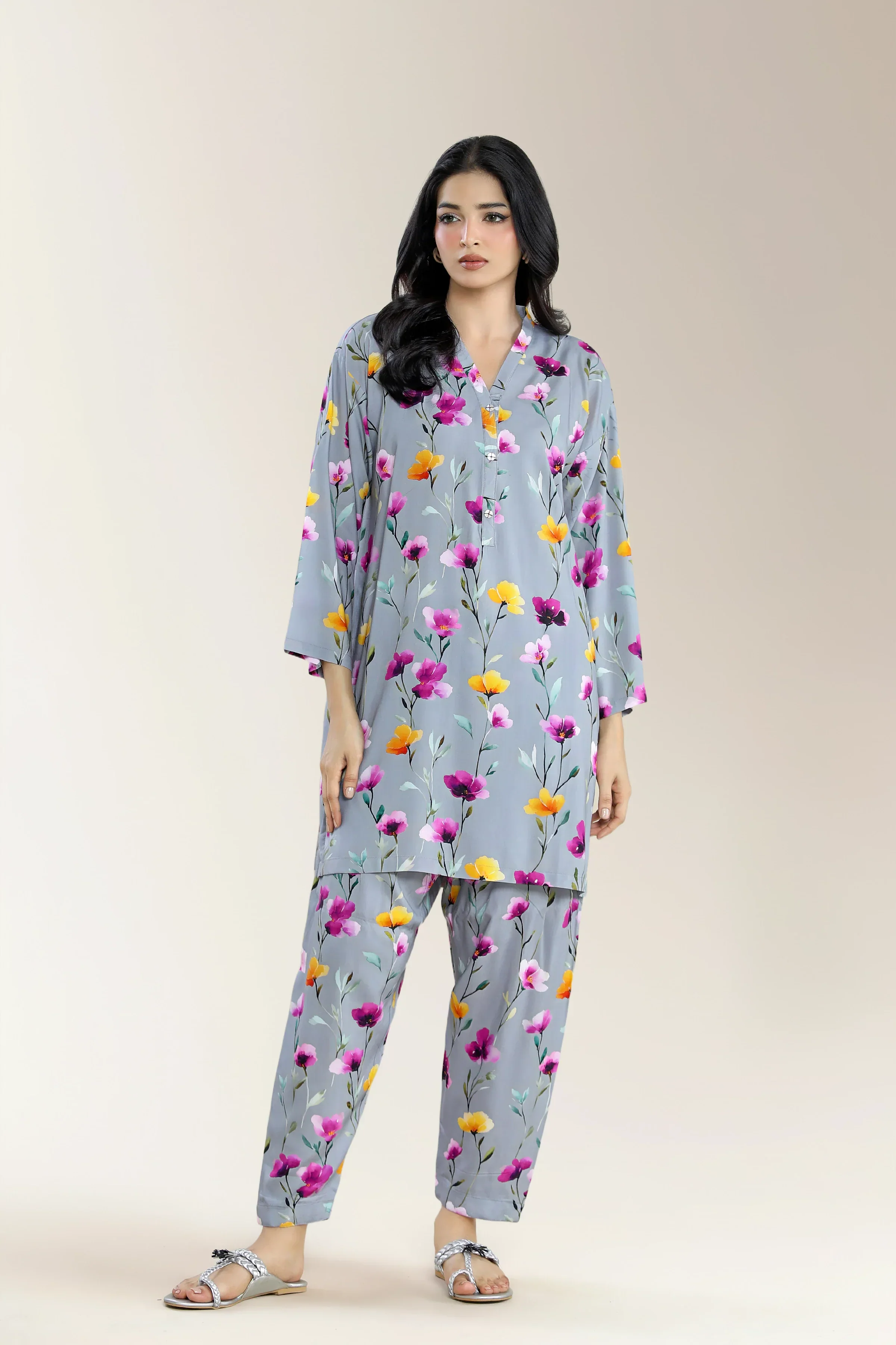 Printed Viscose Linen Grey 2Pc
