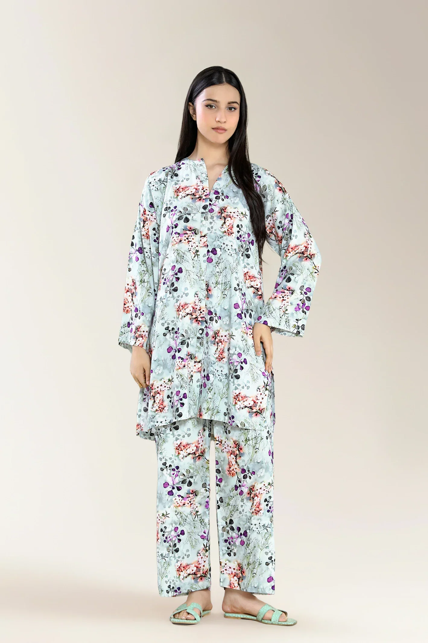 Printed Viscose Linen Light Grey 2Pc