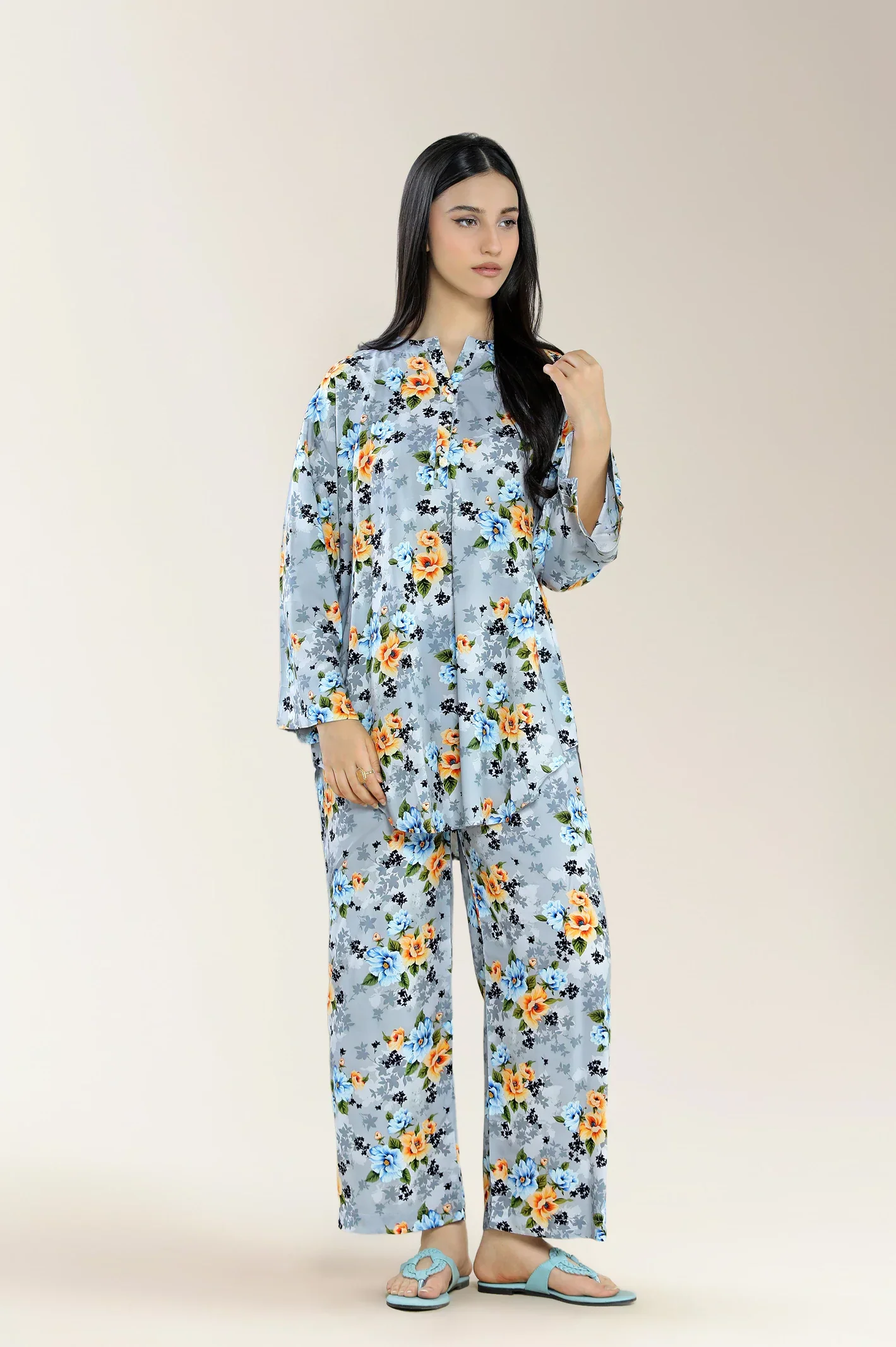 Basic Printed Viscose Linen-Grey 2PC