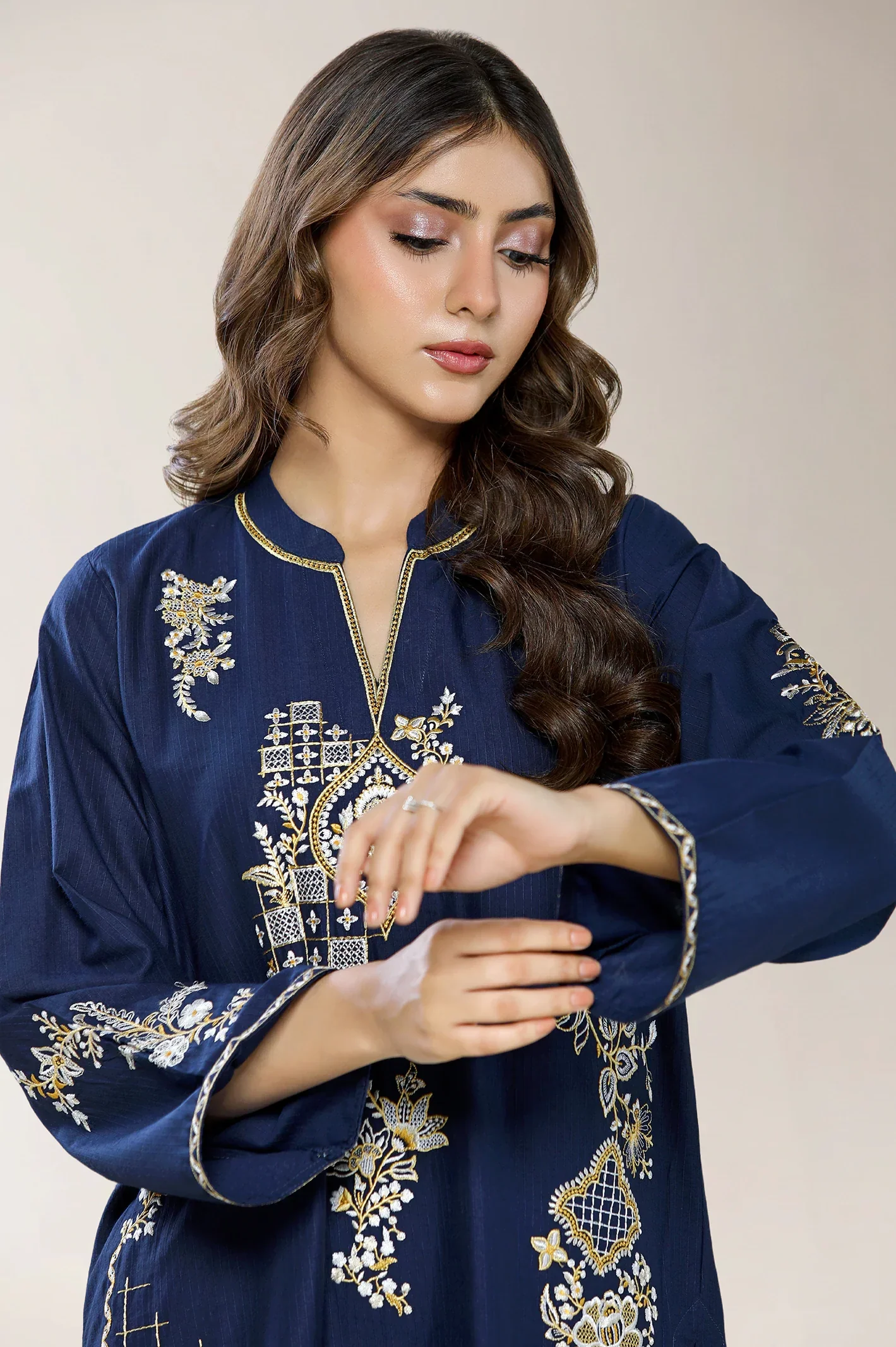 Embroidered Cotton Navy 2PC - Image 2