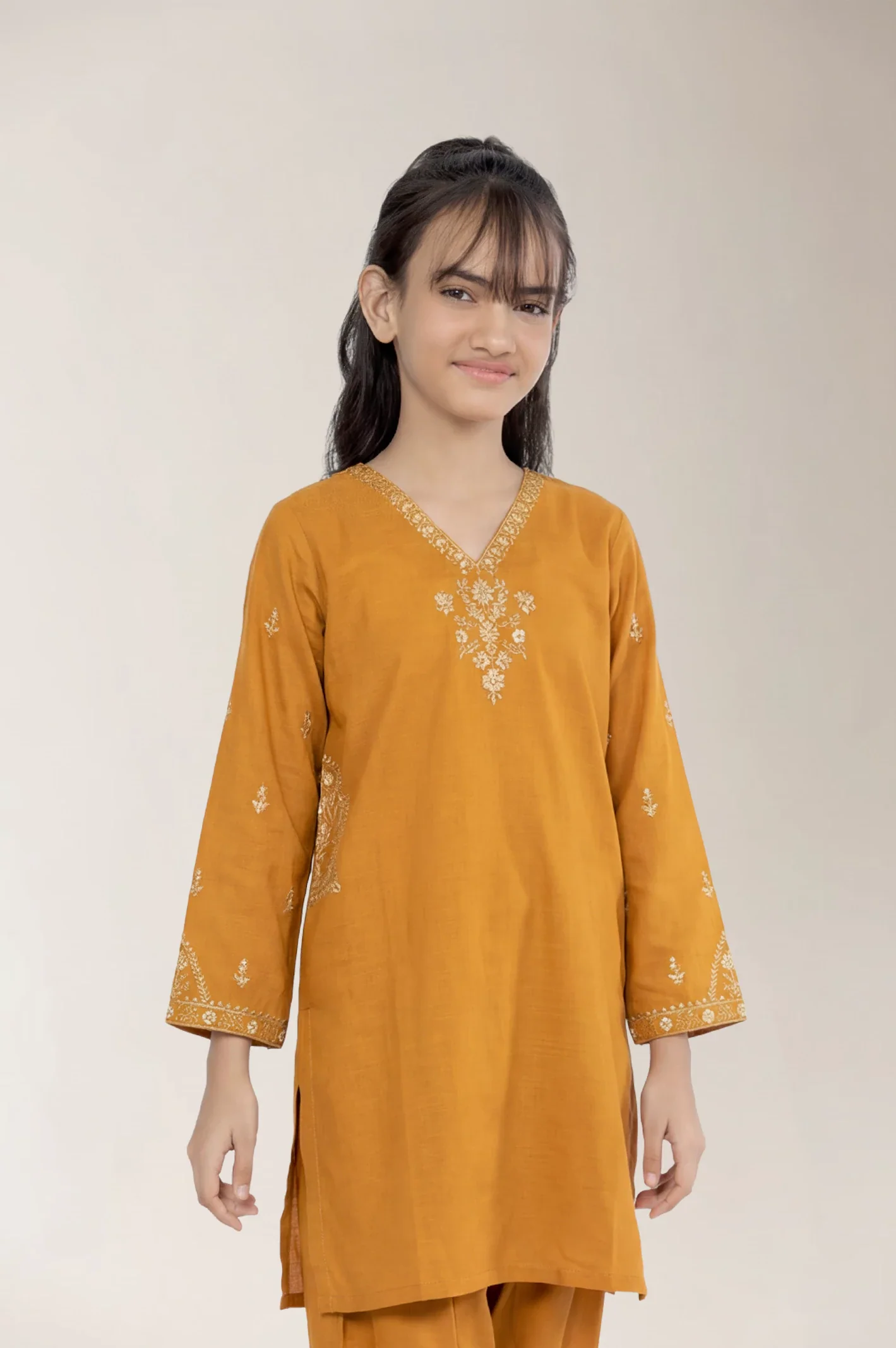 Embroidered Khaddar-Mustard Teens 2PC - Image 2