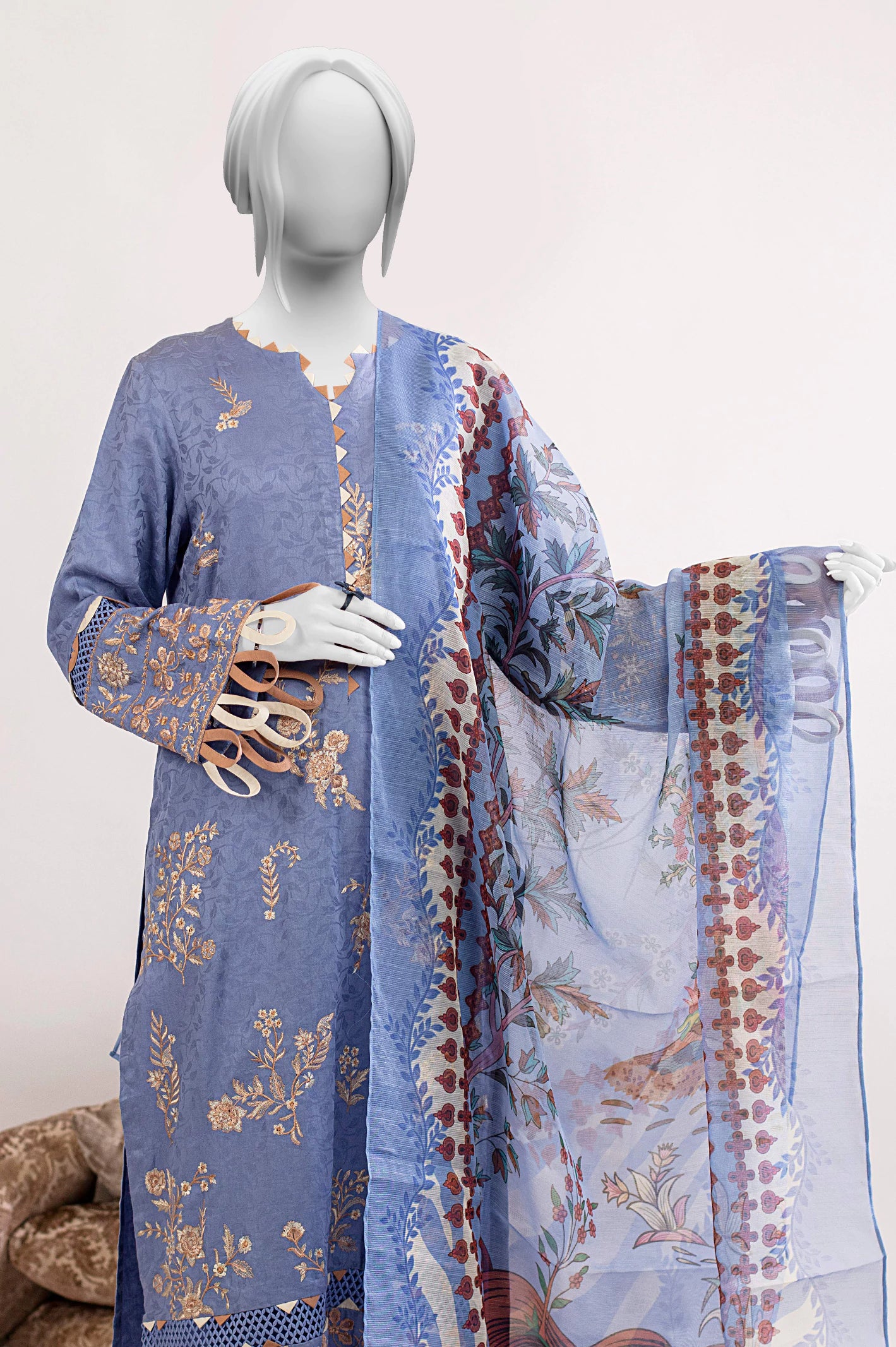 Blue Embroidered 3PC Unstitched - Image 2