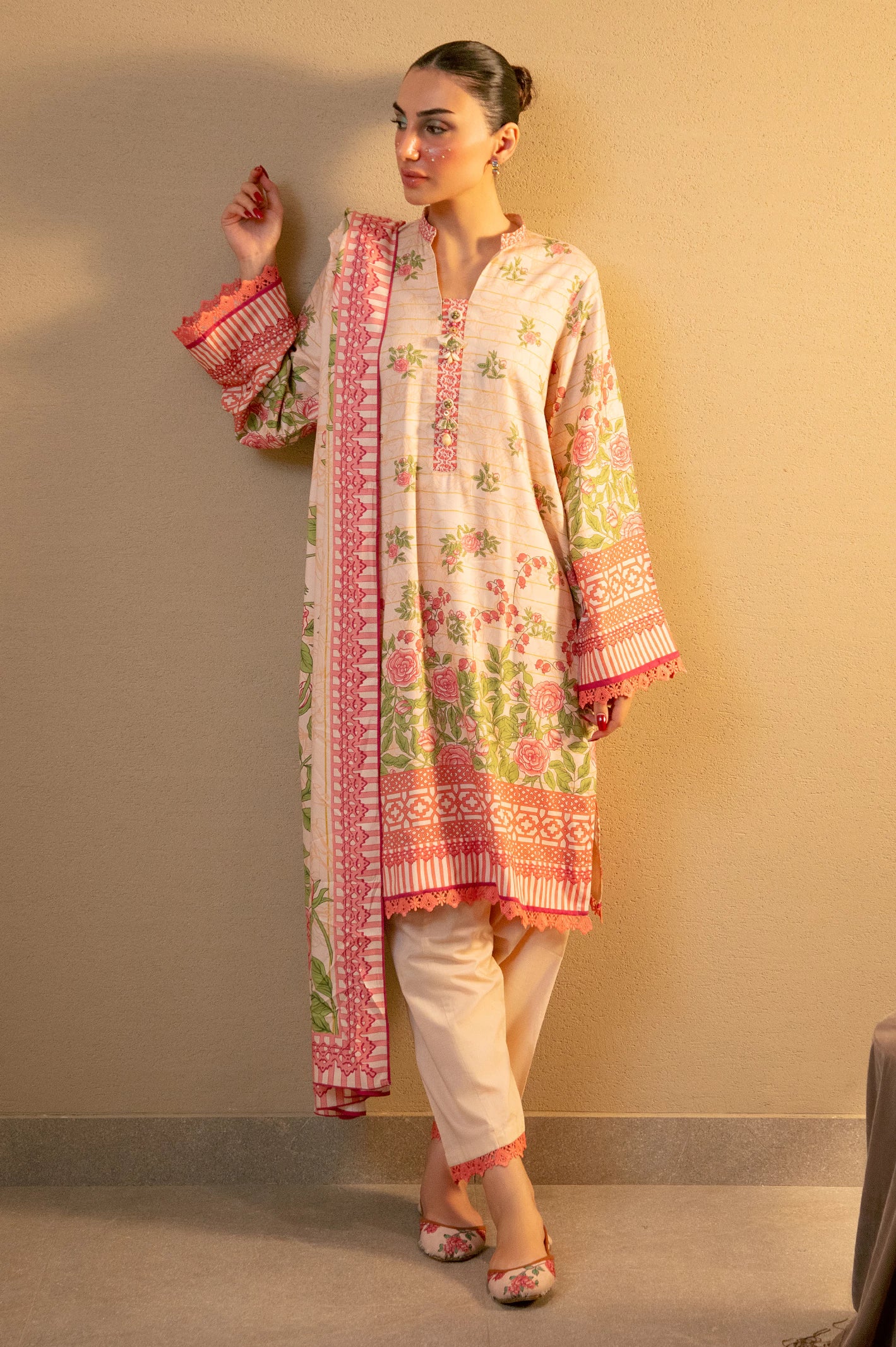 Peach Printed Unstitched 3PC - Image 3