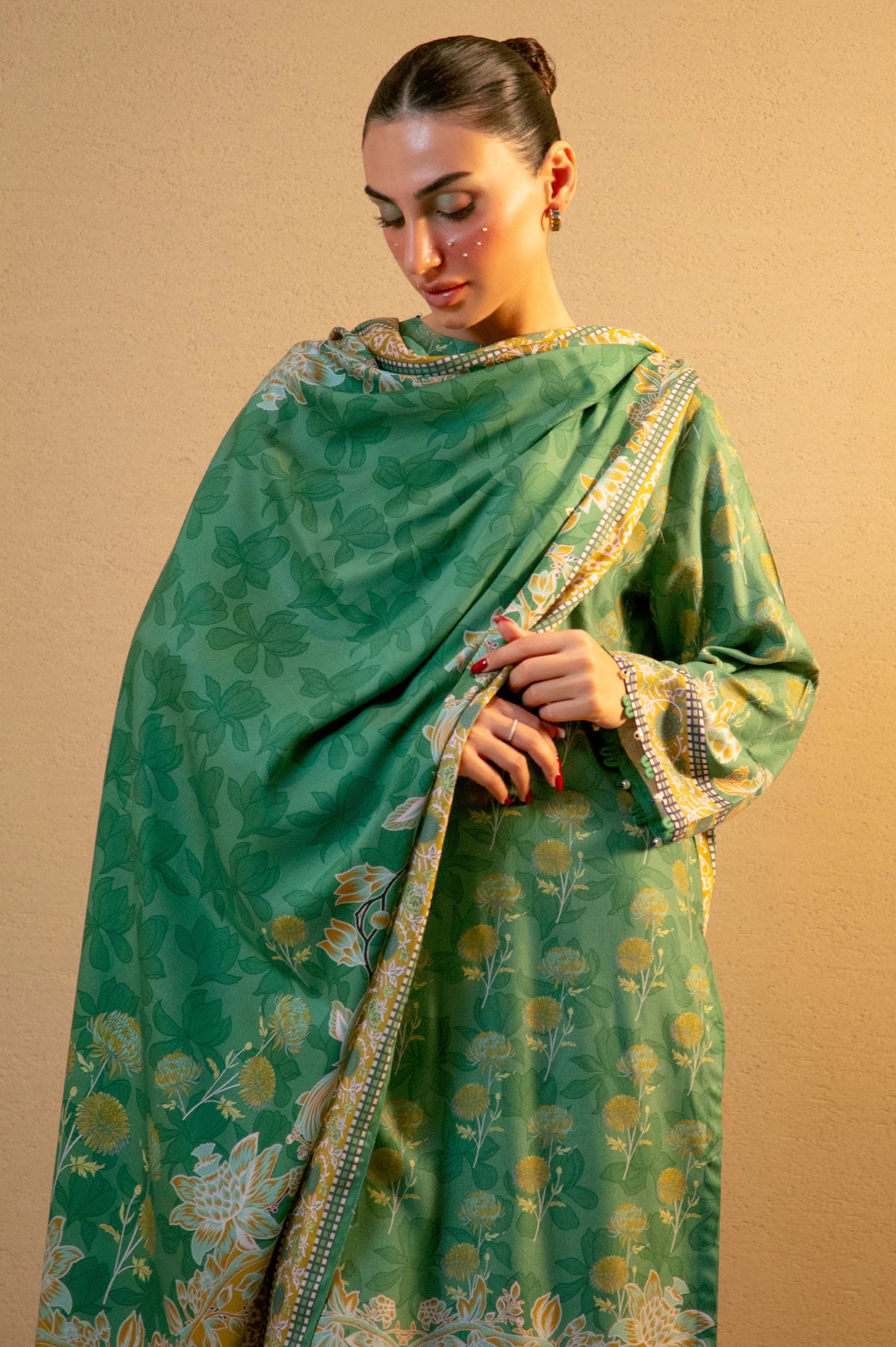 Green Printed 3PC Unstitched - Image 2