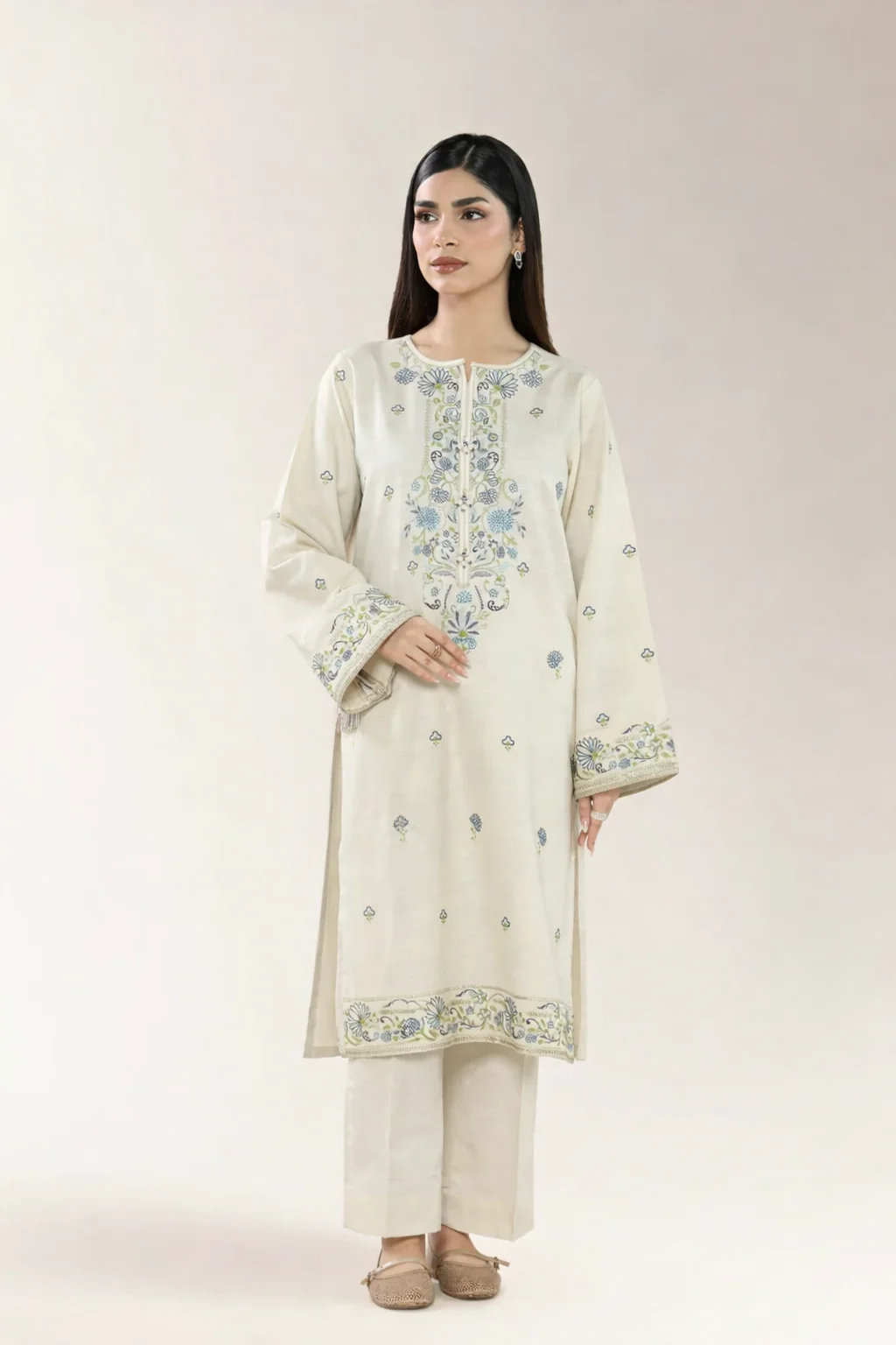 Embroidered Khaddar-Cream Unstitched 2PC - Image 2
