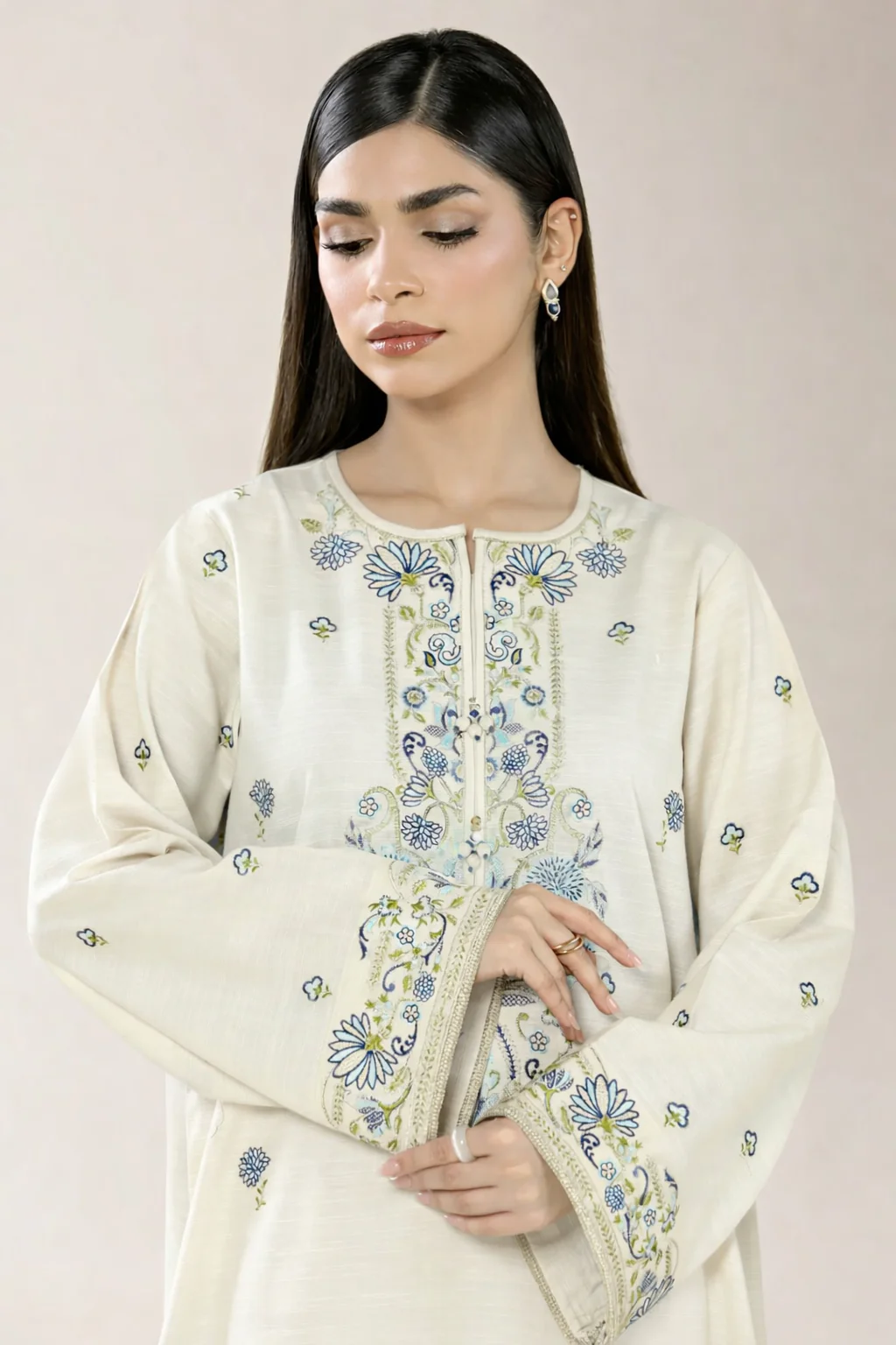 Embroidered Khaddar-Cream Unstitched 2PC - Image 3