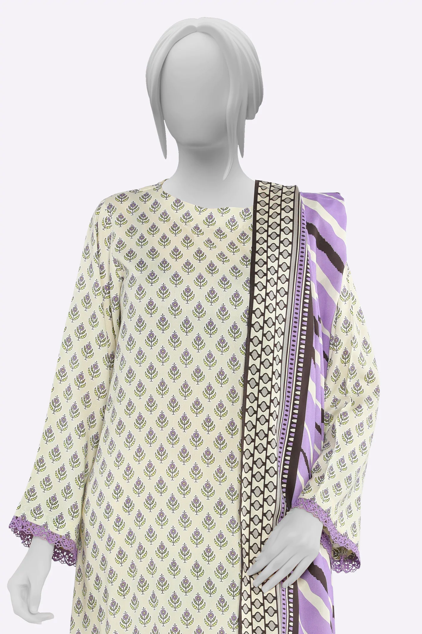 Cream Printed Unstitched 3PC - Image 2