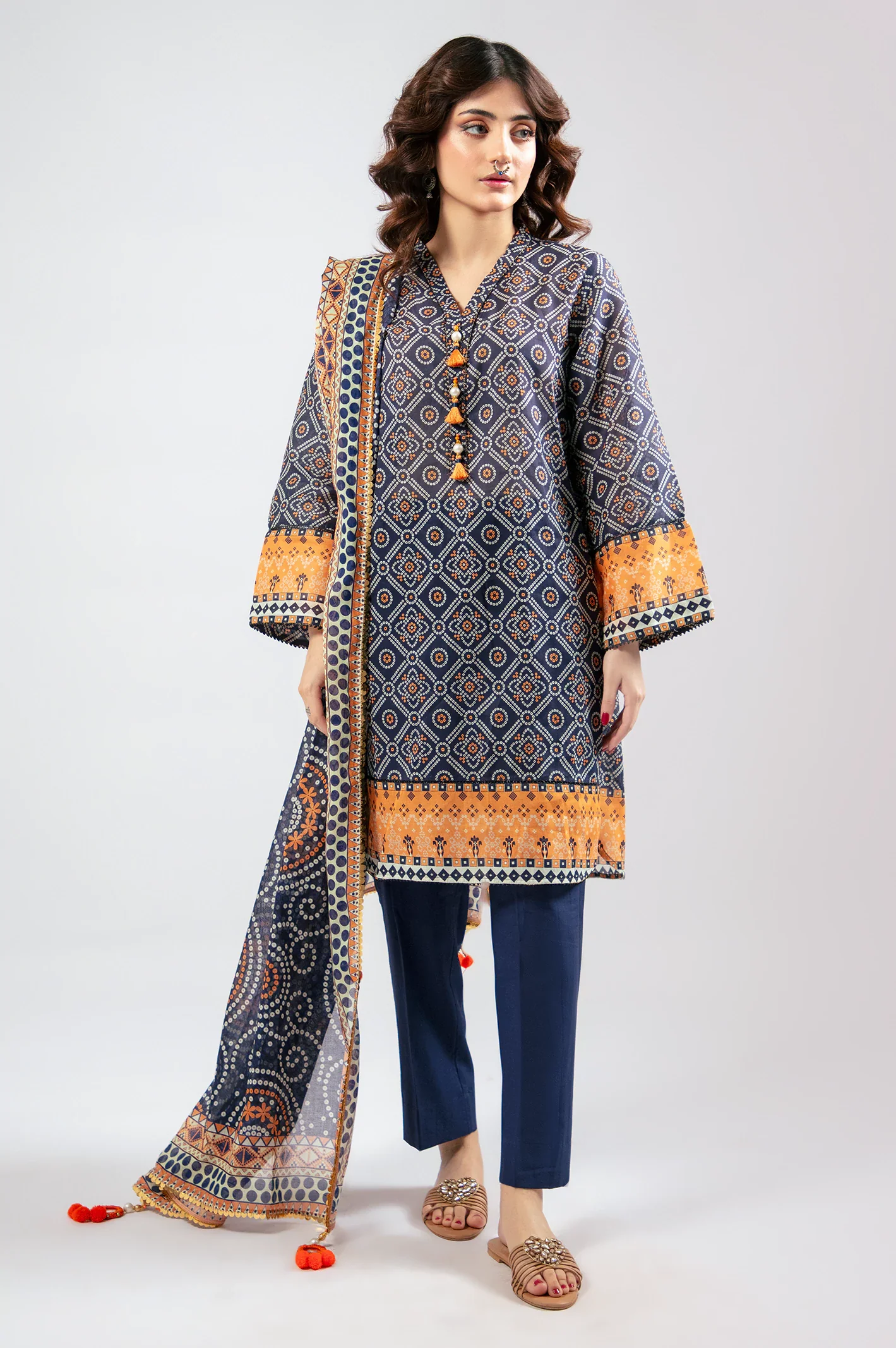 Navy Blue Printed 3PC Unstitched - Image 2
