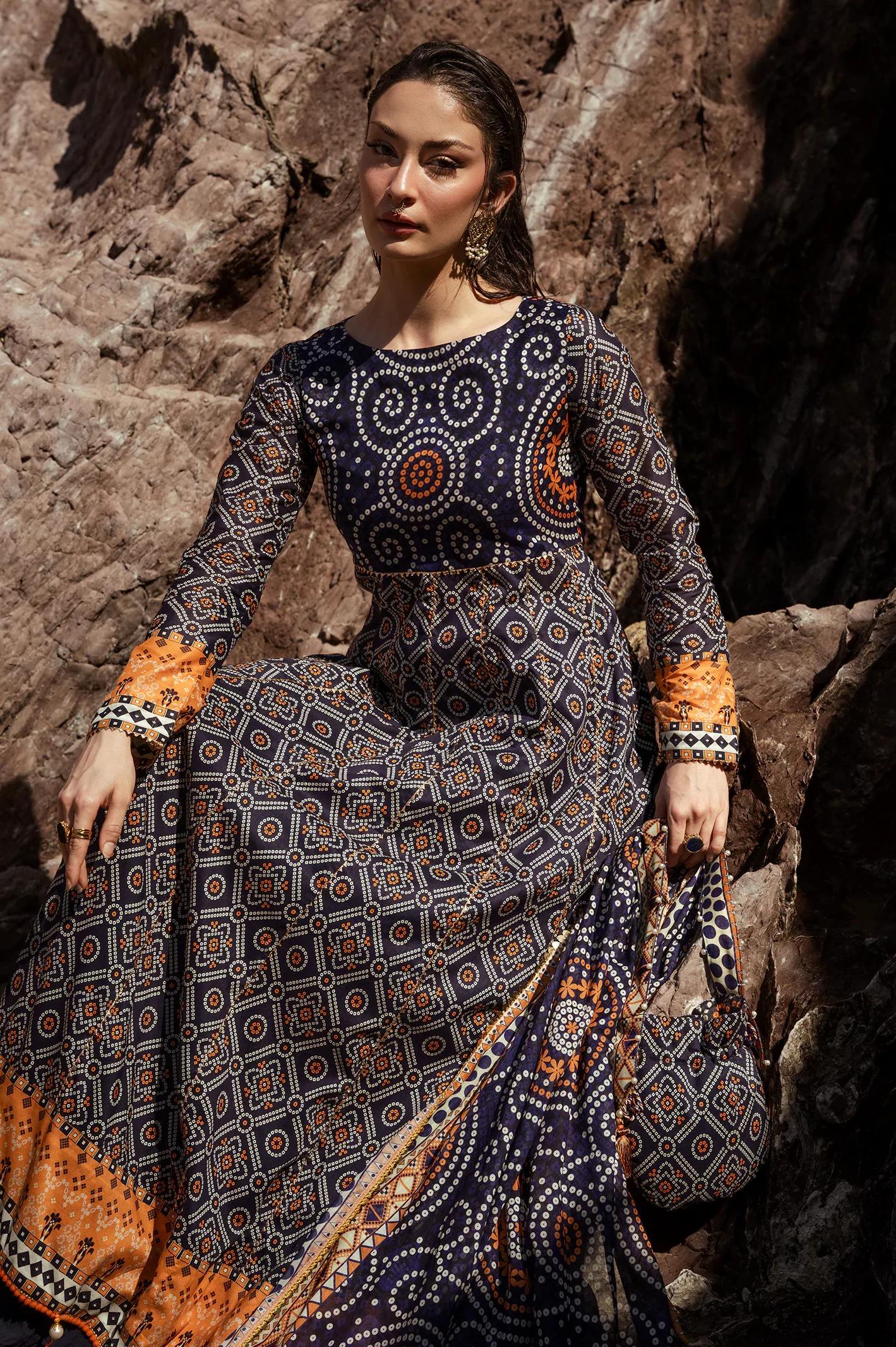 Navy Blue Printed 3PC Unstitched - Image 6