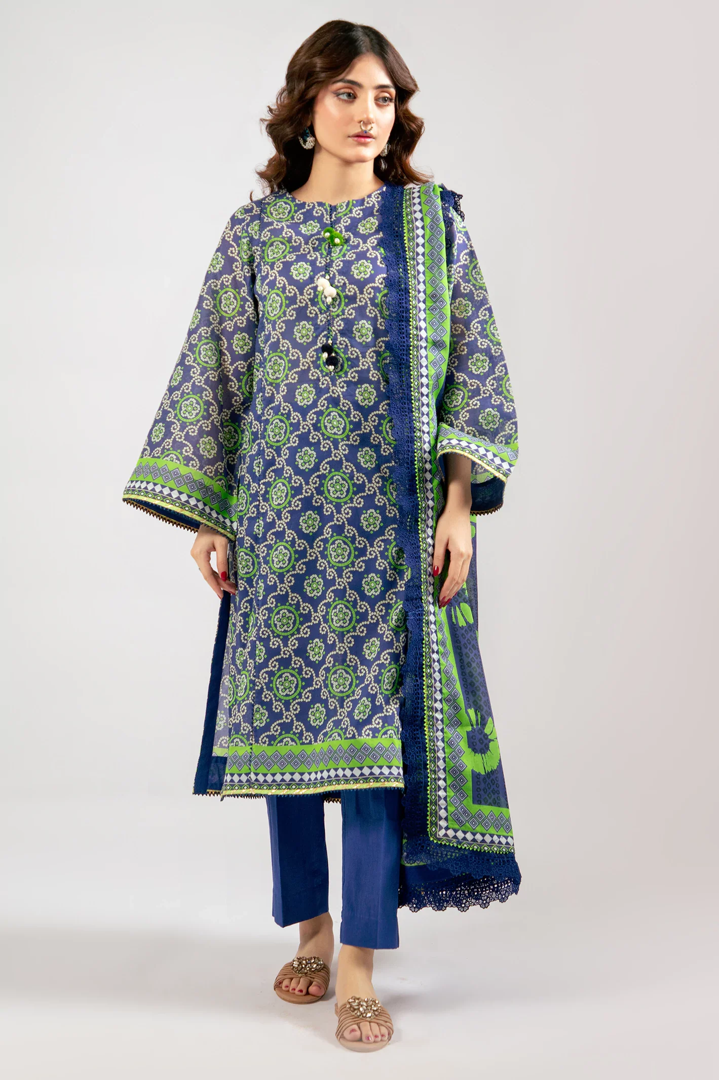 Royal Blue Printed 3PC Unstitched - Image 2