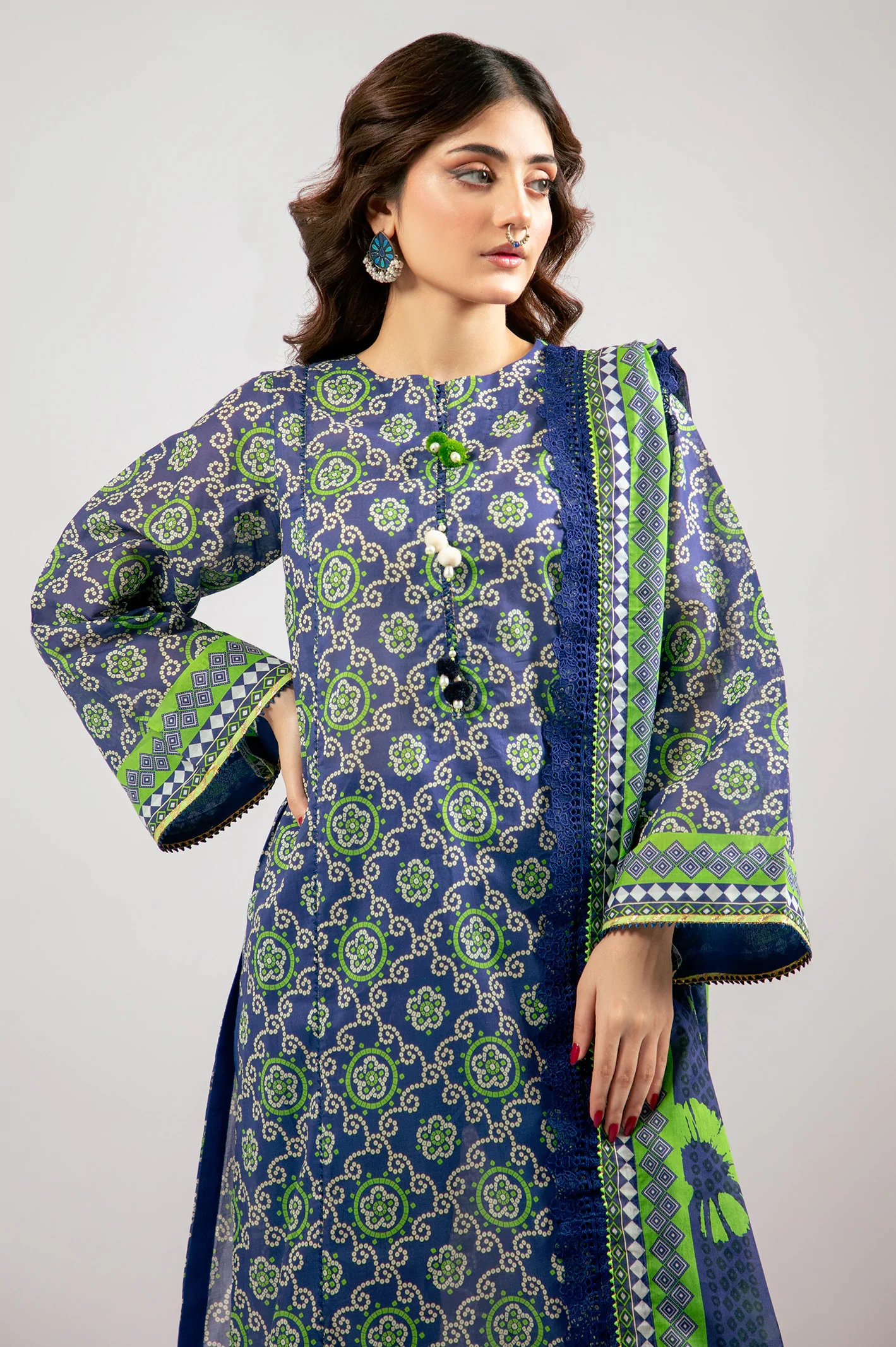 Royal Blue Printed 3PC Unstitched - Image 3