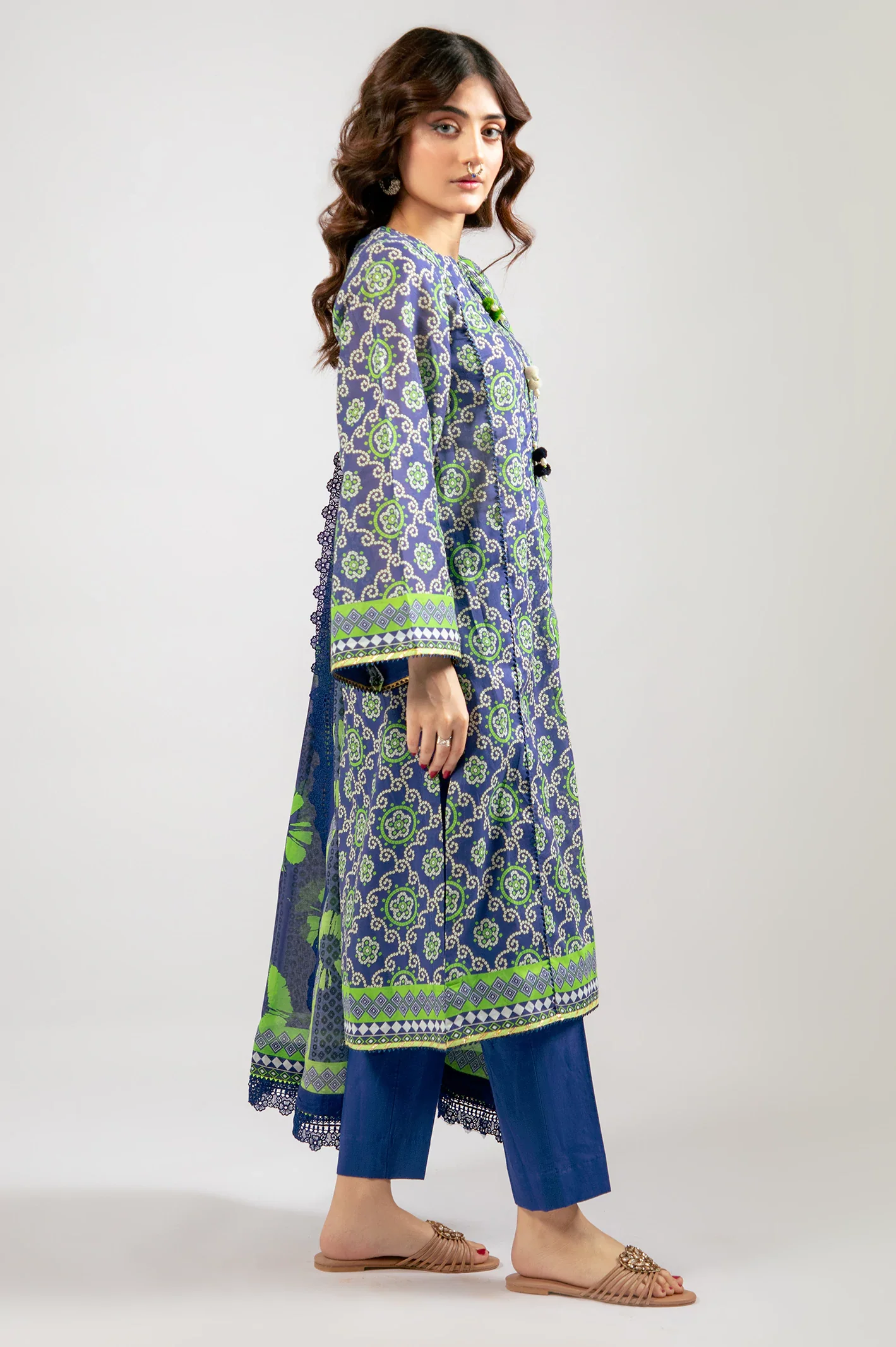 Royal Blue Printed 3PC Unstitched - Image 4