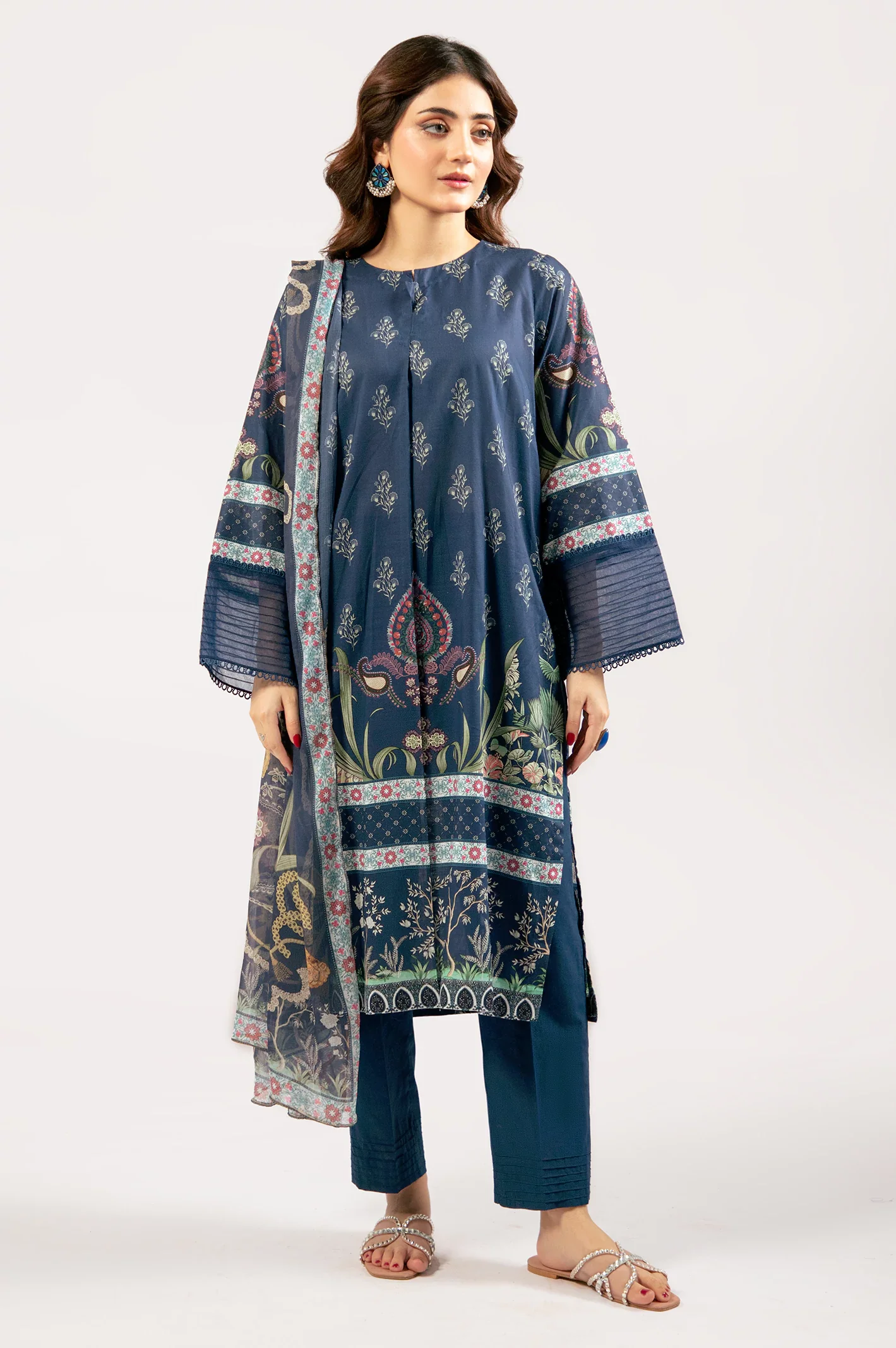 Navy Blue Printed 3PC Unstitched