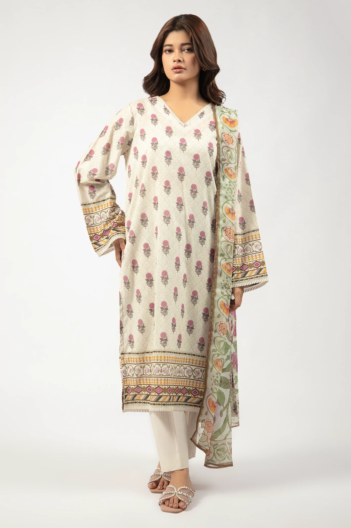 Beige Printed 3PC Unstitched
