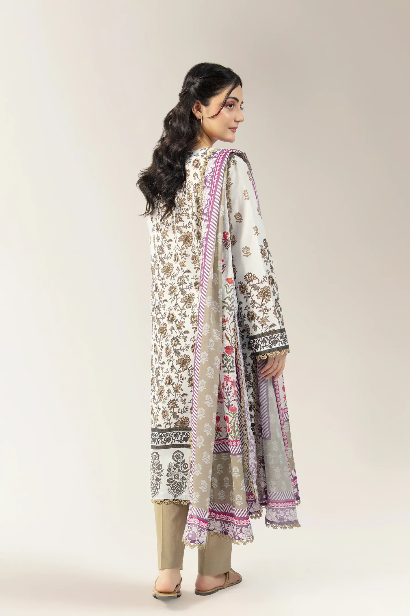 Printed Lawn-Cream Unstitched 3PC - Image 2