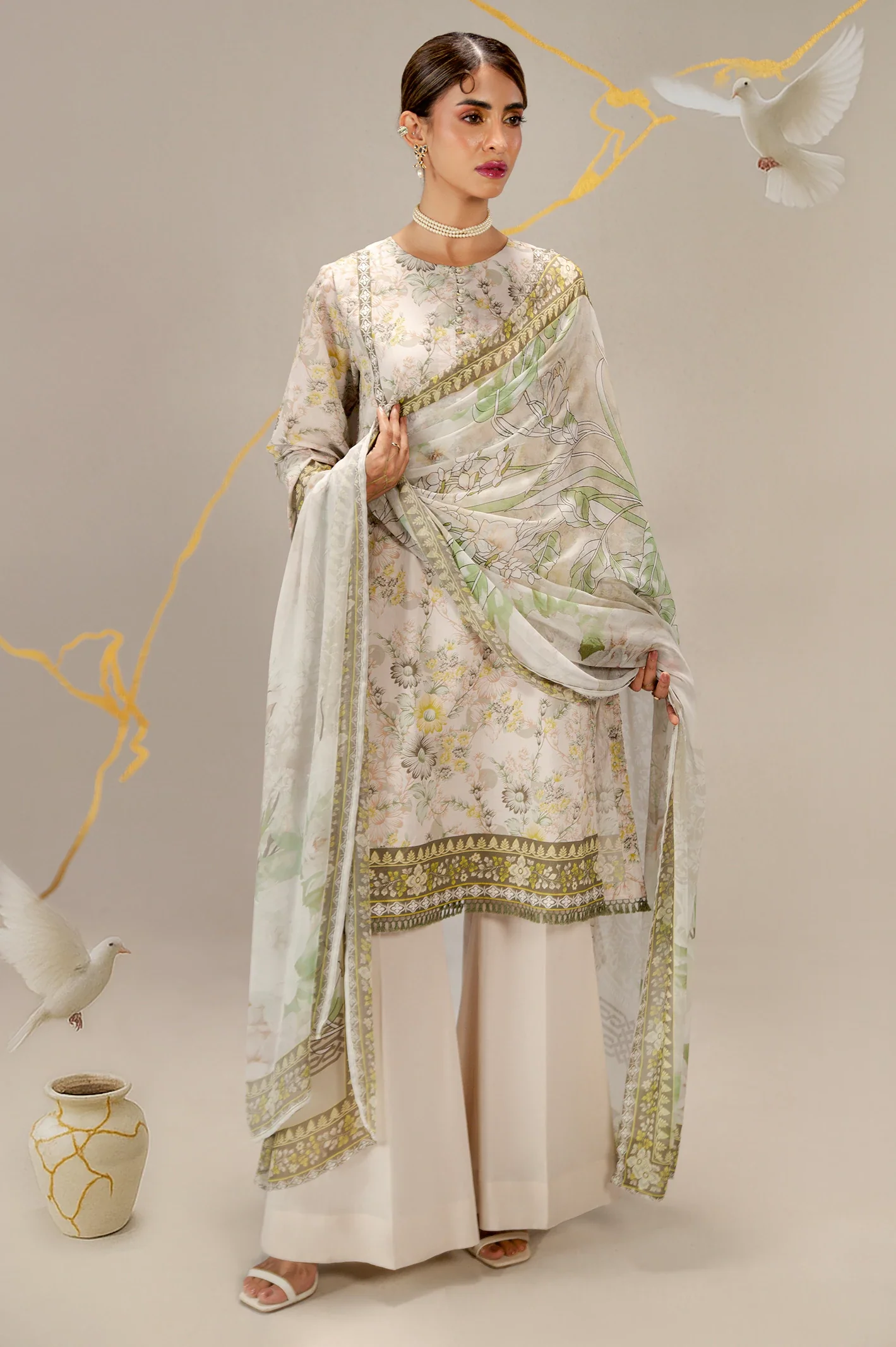 Cream Printed 3PC Unstitched
