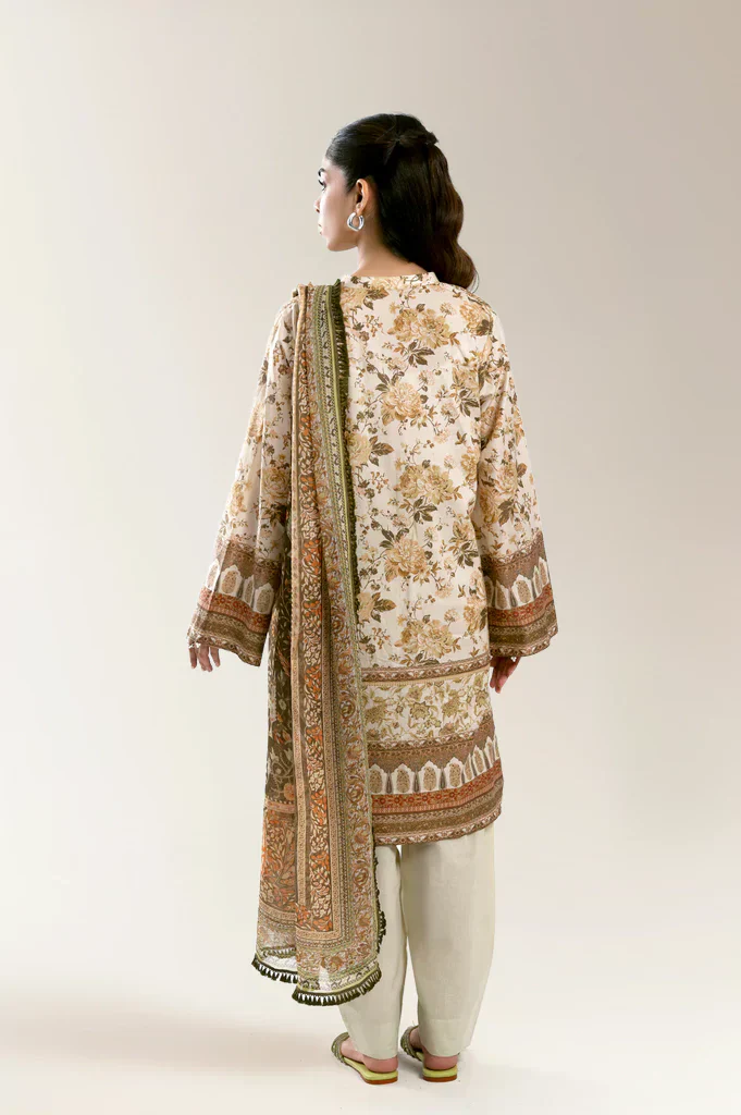 Printed Lawn Beige Unstitched 3Pc - Image 3