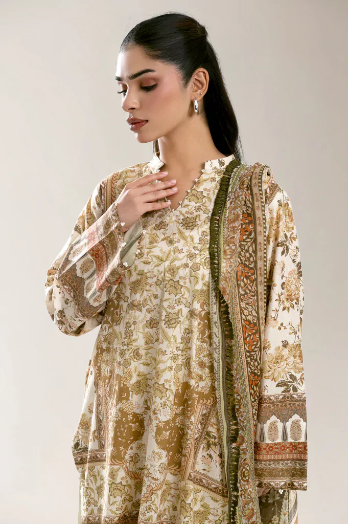 Printed Lawn Beige Unstitched 3Pc - Image 4
