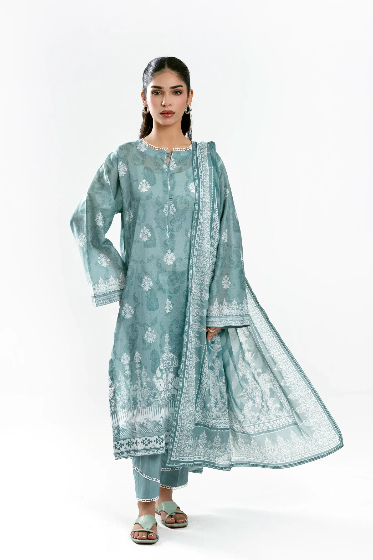 Printed Lawn-Turquoise Unstitched 3PC - Image 4