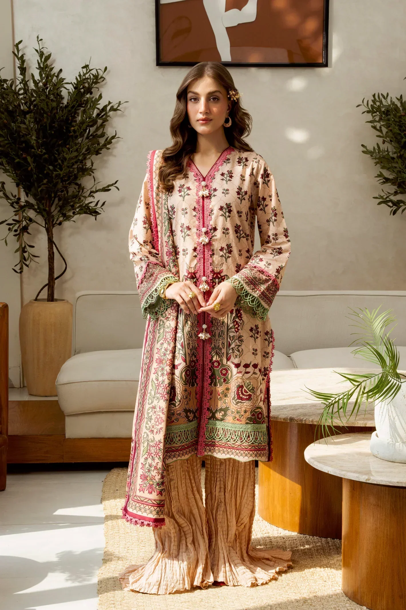 Printed Lawn Beige Unstitched 3Pc - Image 2