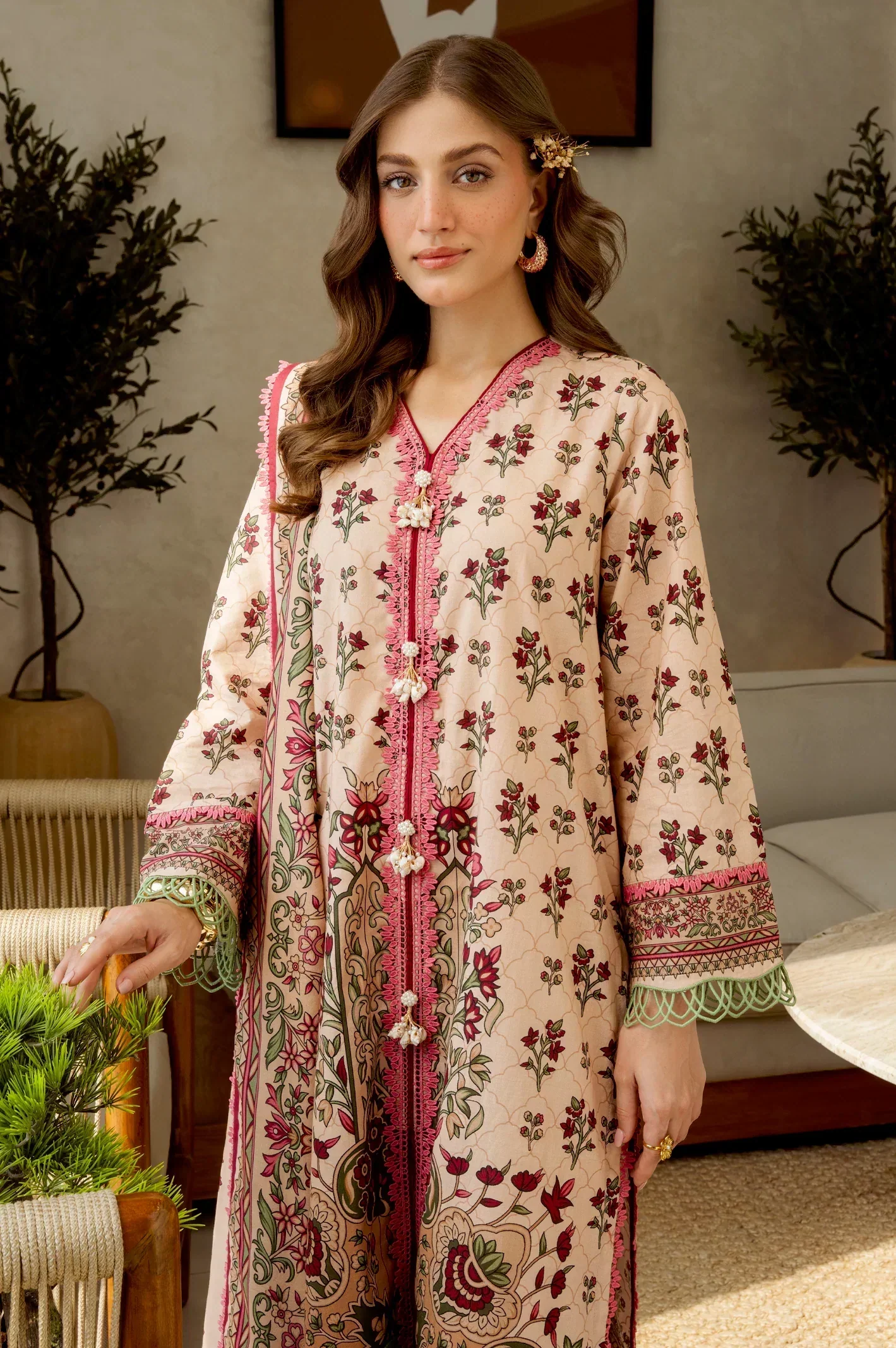 Printed Lawn Beige Unstitched 3Pc - Image 3