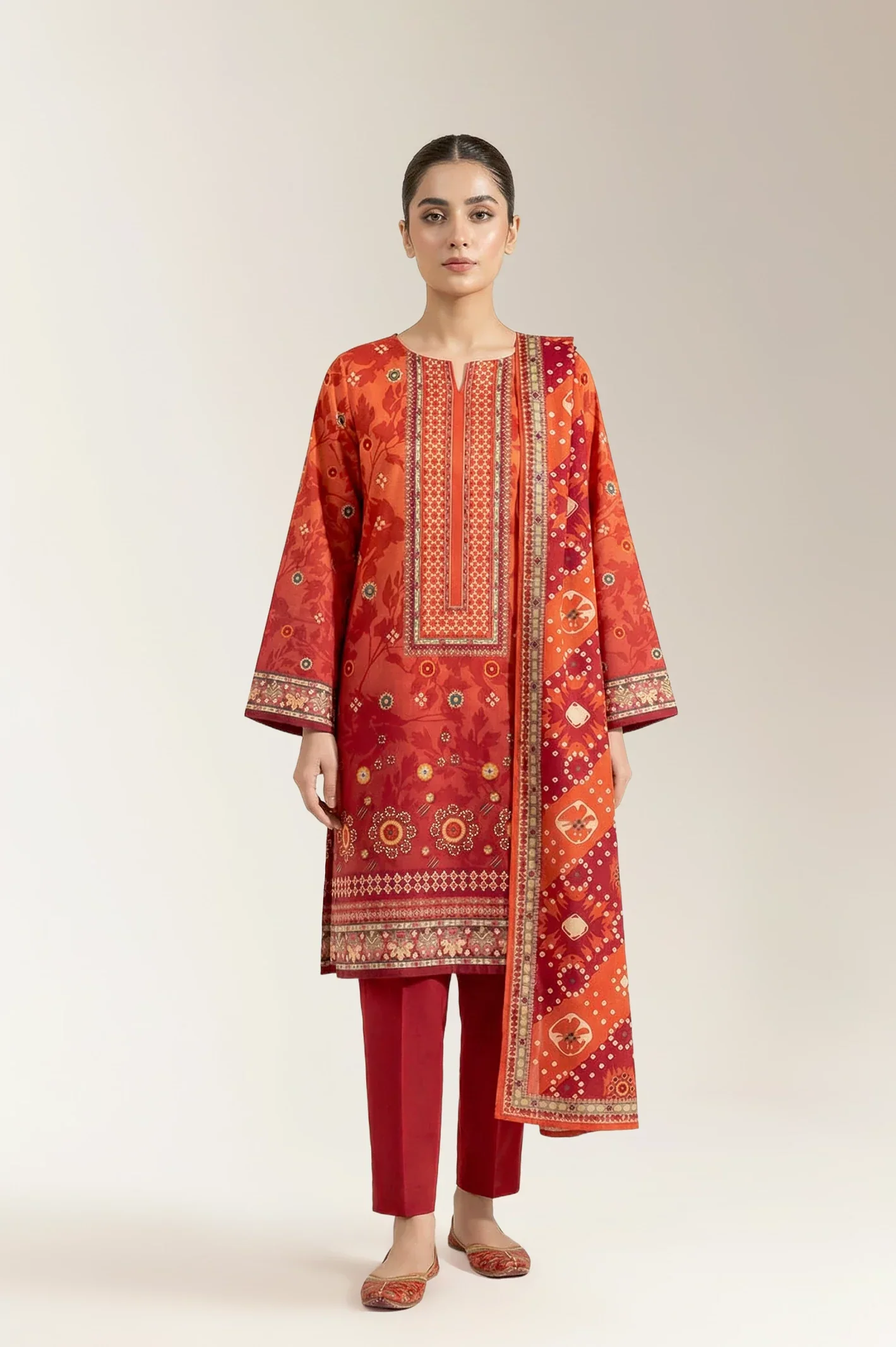 Printed Lawn-Orange Unstitched 3PC