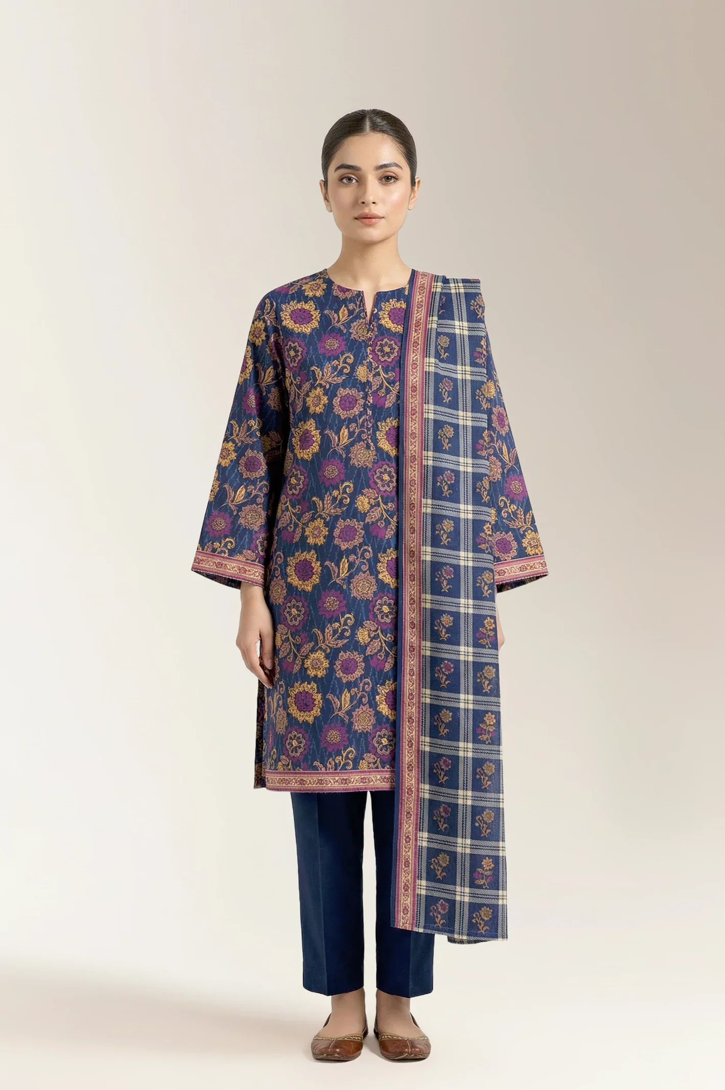 Printed Lawn-Navy Blue Unstitched 3PC