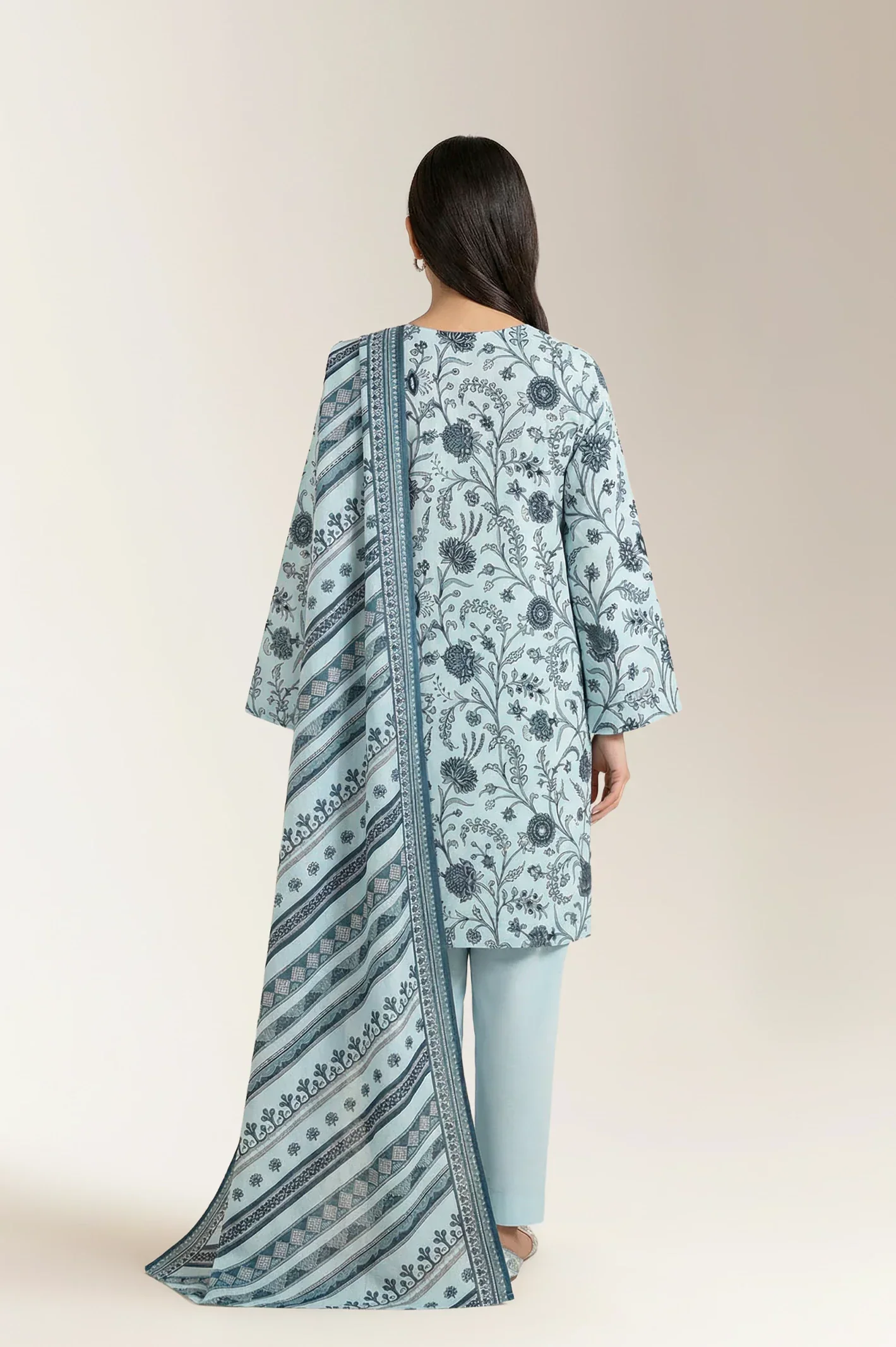 Printed Lawn-Sky Blue Unstitched 3PC - Image 2