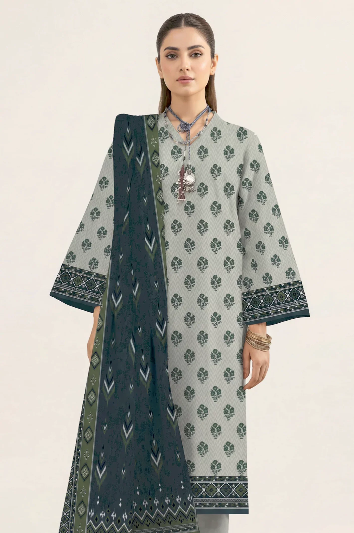 Printed Cotton Viscose-Beige Unstitched 3PC - Image 2